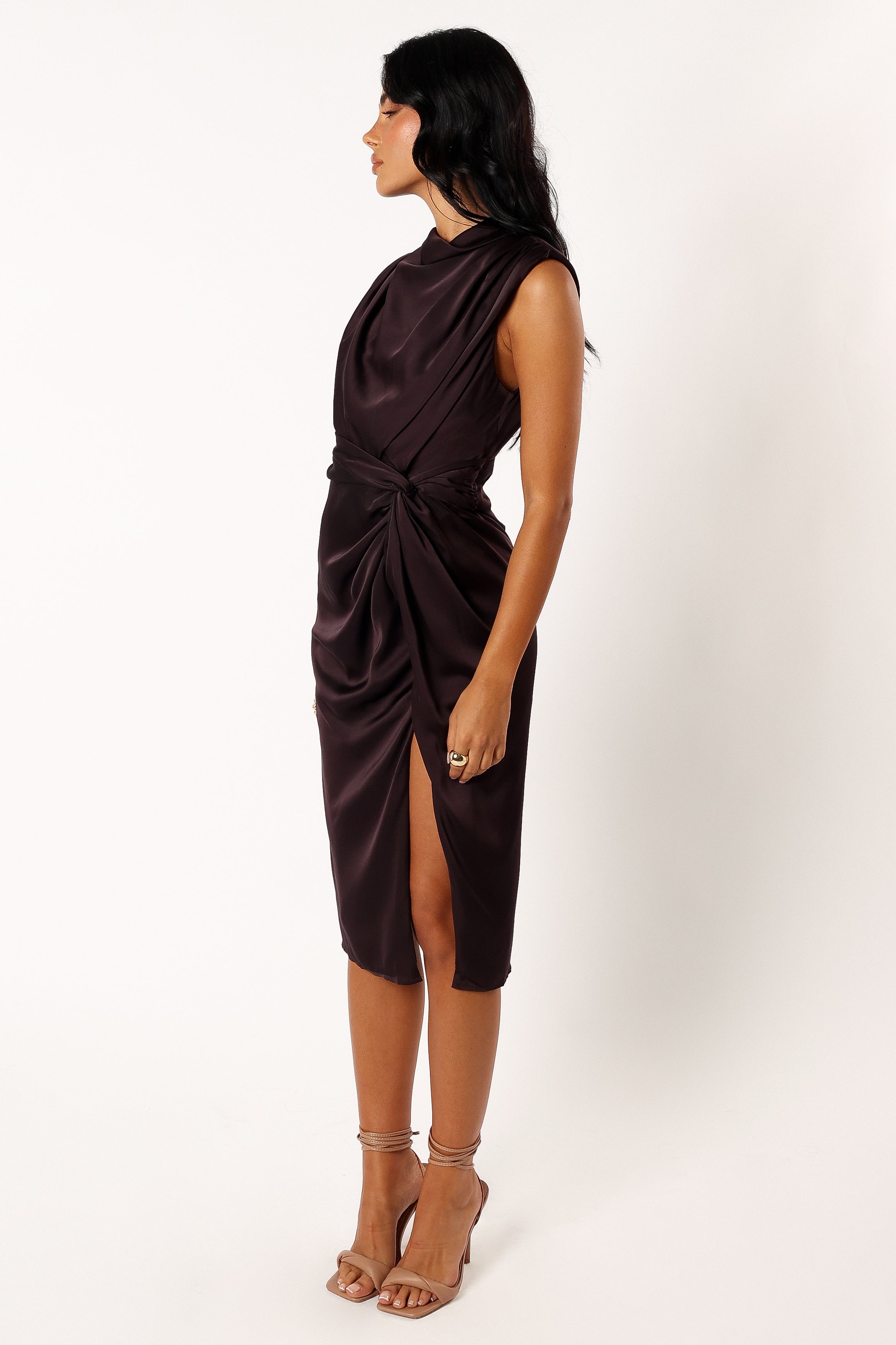 Elegant Black Coffee Midi Dress with Twist Knot Detail