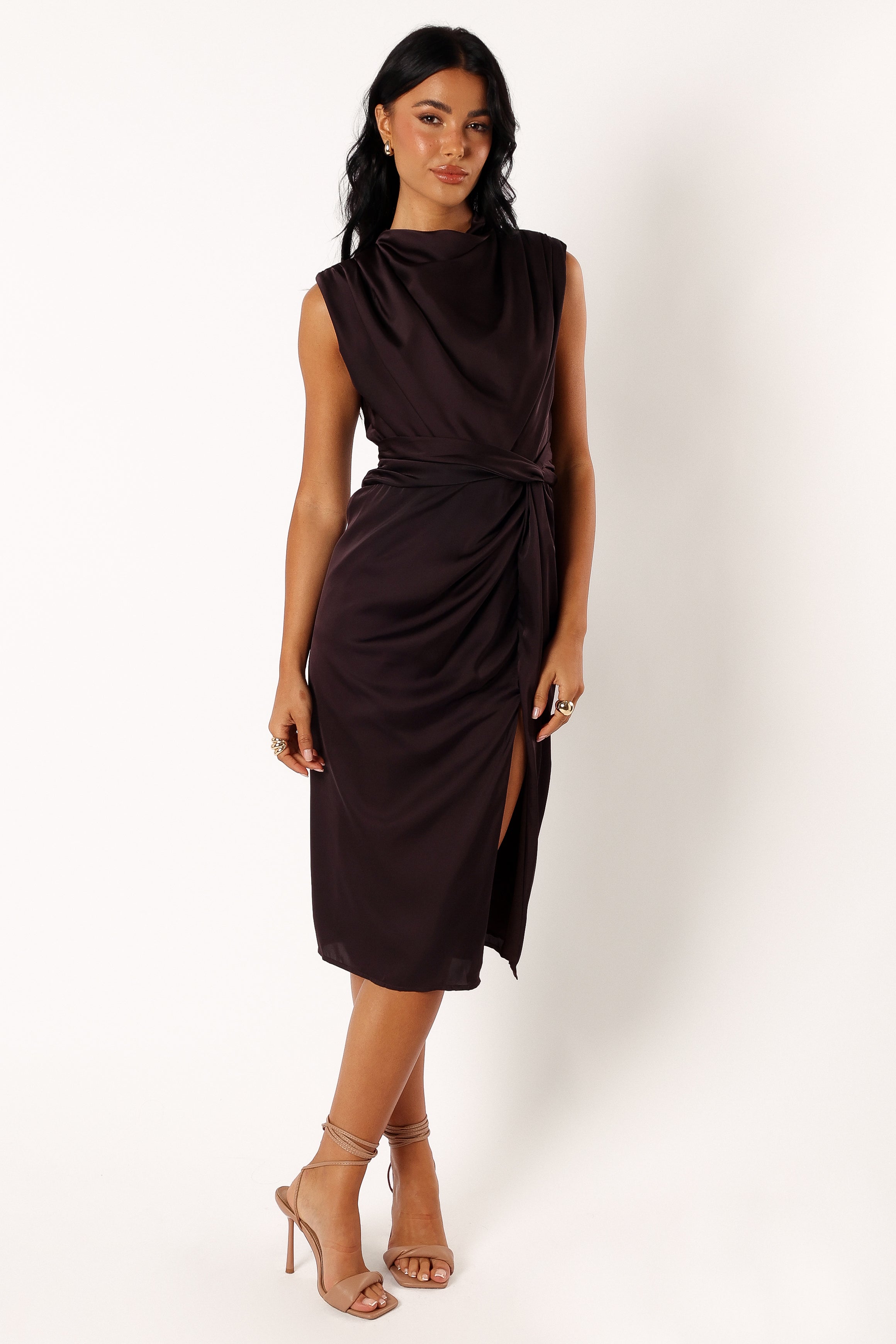 Elegant Black Coffee Midi Dress with Twist Knot Detail