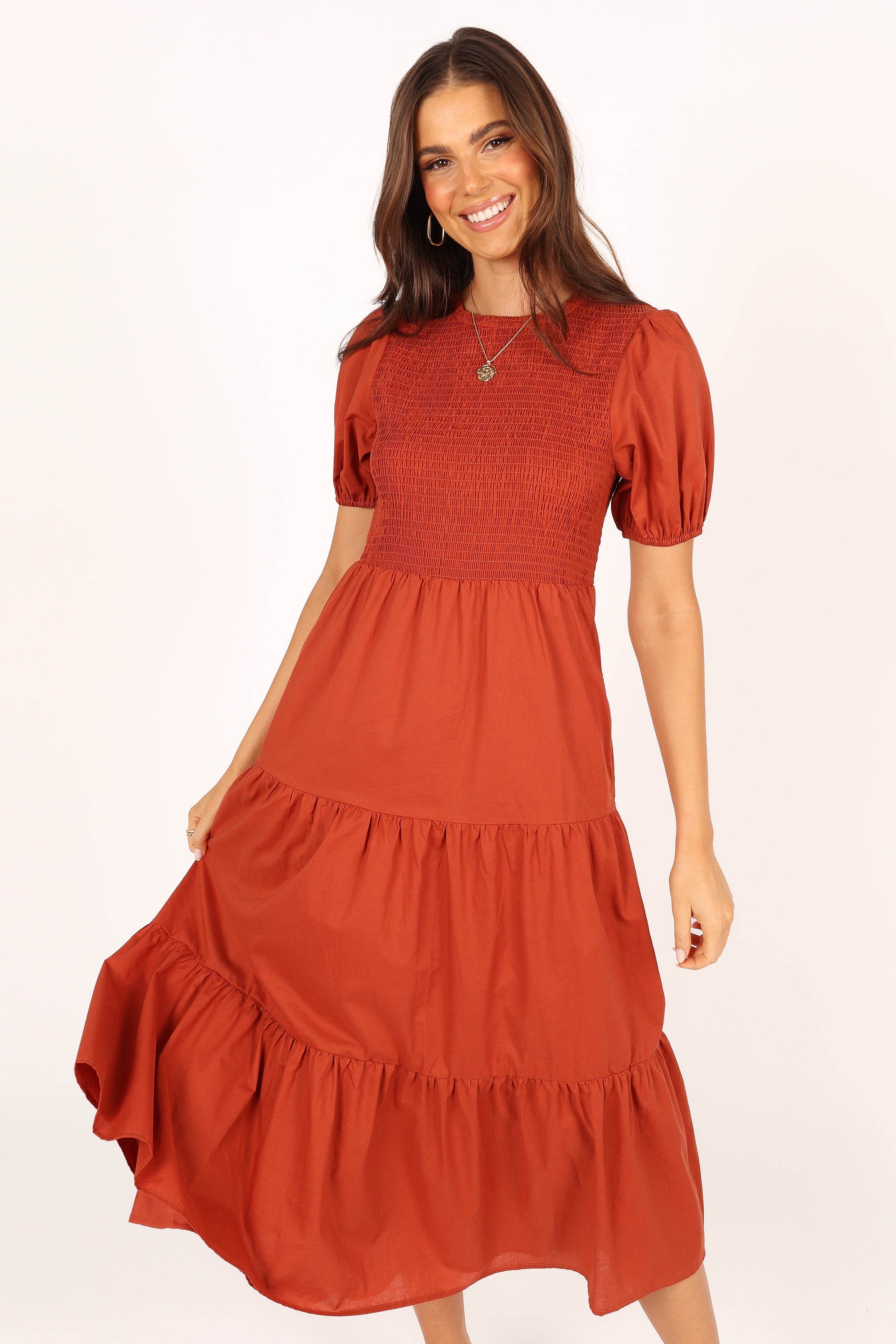 Naura Cotton Shirred Midi Dress with Pockets - Rust