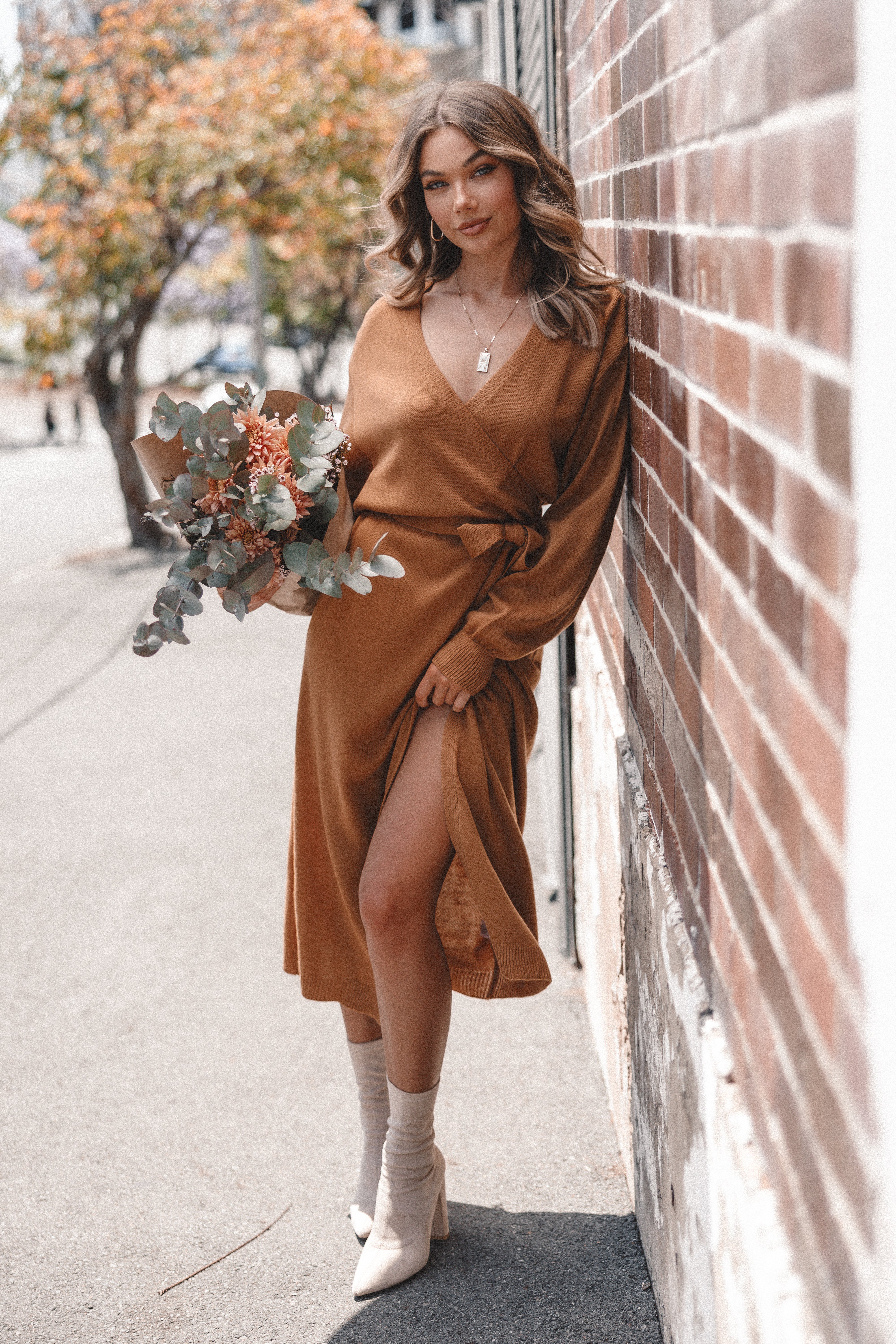 Women's Knit Wrap Midi Dress with V-Neck & Long Sleeves - Camel