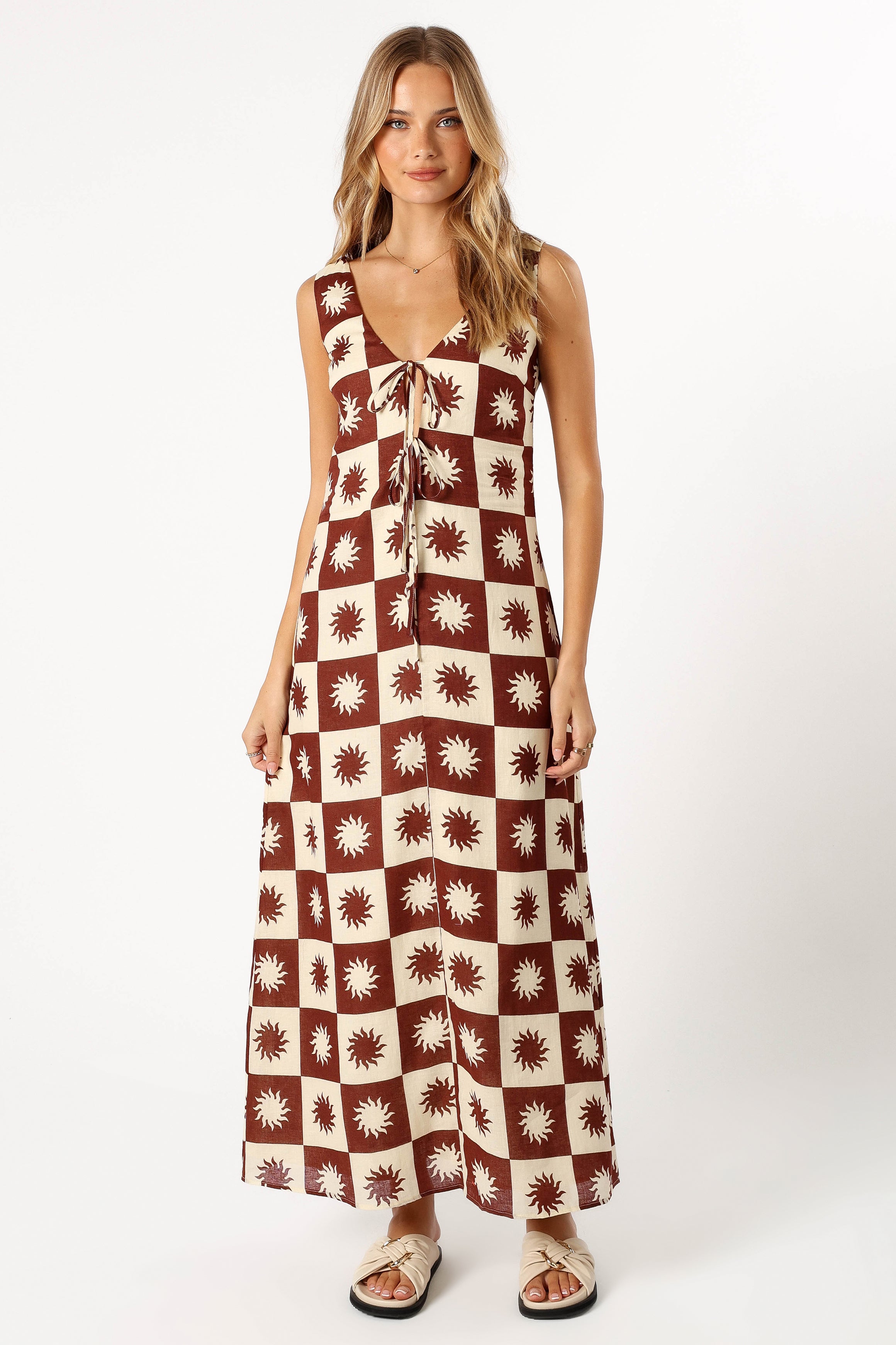 Carson Linen Cotton Midi Dress - V-Neck Sleeveless Summer Dress
