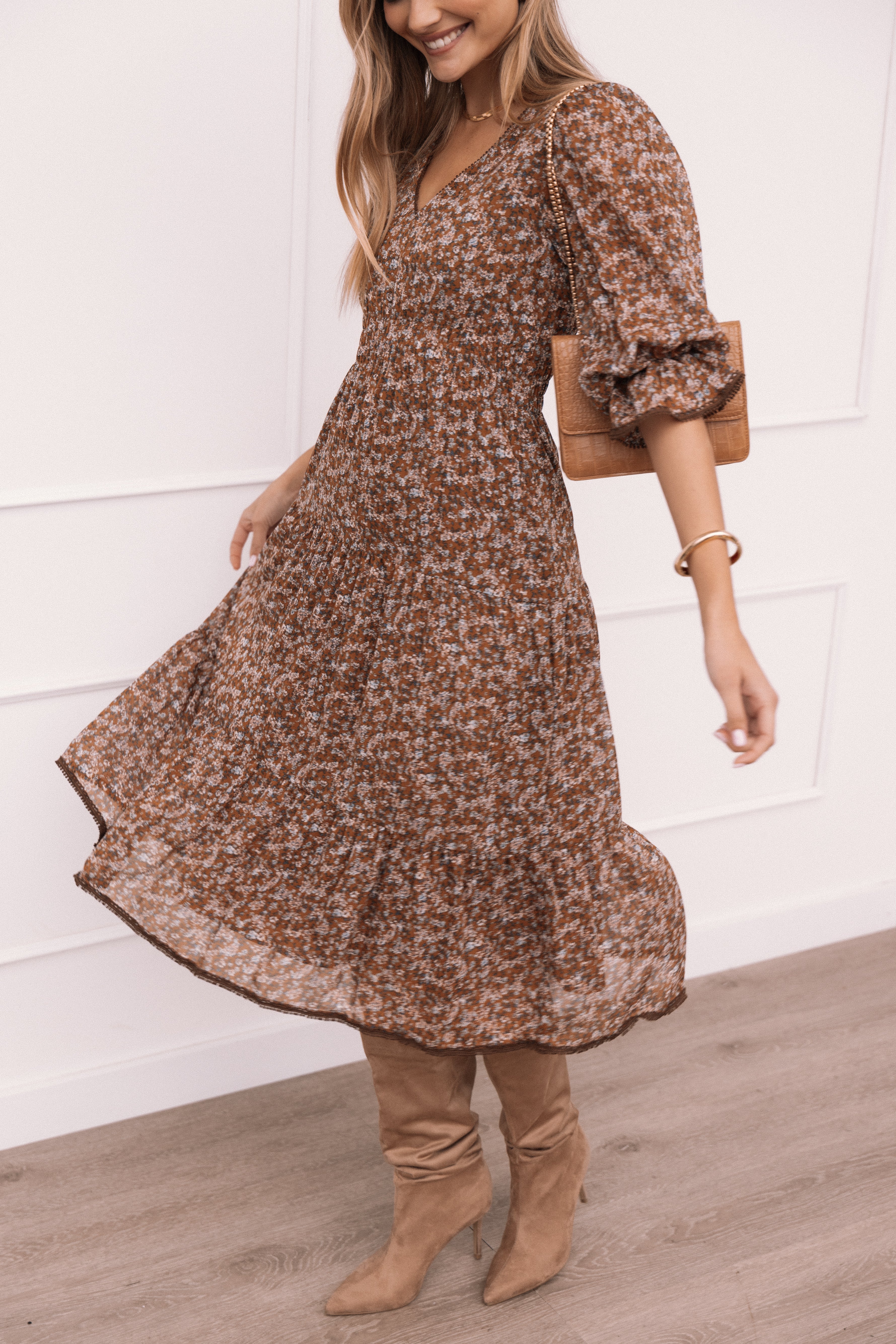 Simone Floral Print Midi Dress with V-Neck & Sheer Sleeves - Camel