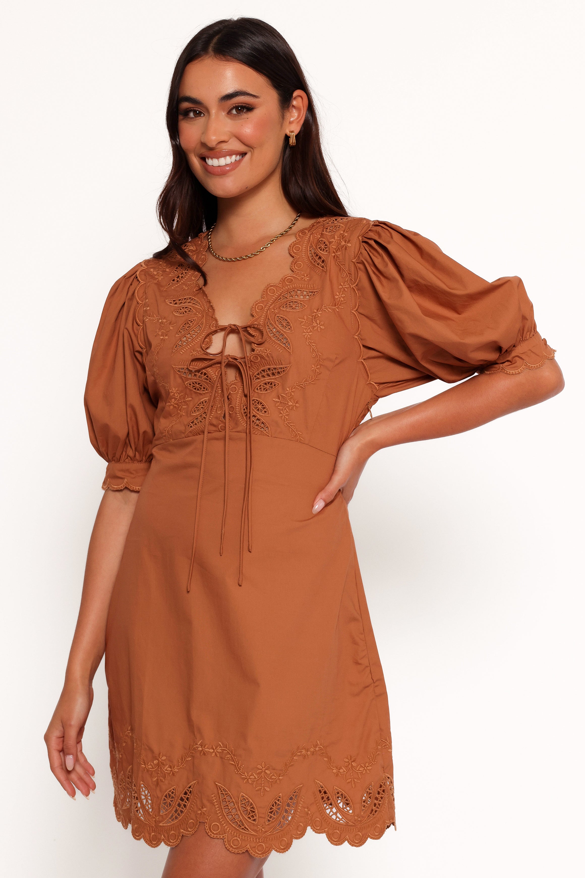 Brown Floral Mini Dress with V-Neck & Scallop Hem - Rhodes