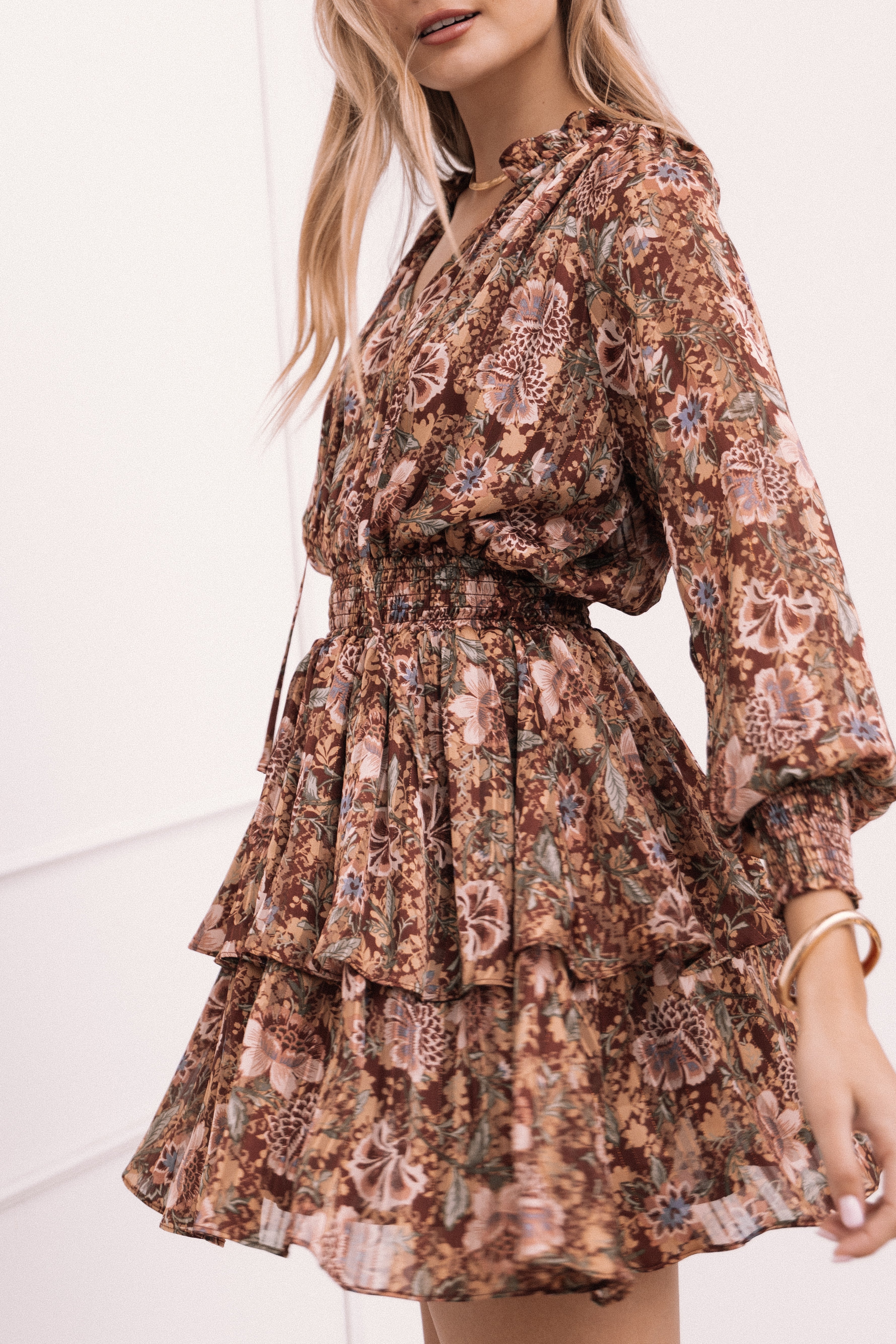 Alby Floral Print Long Sleeve Mini Dress - Chocolate Brown