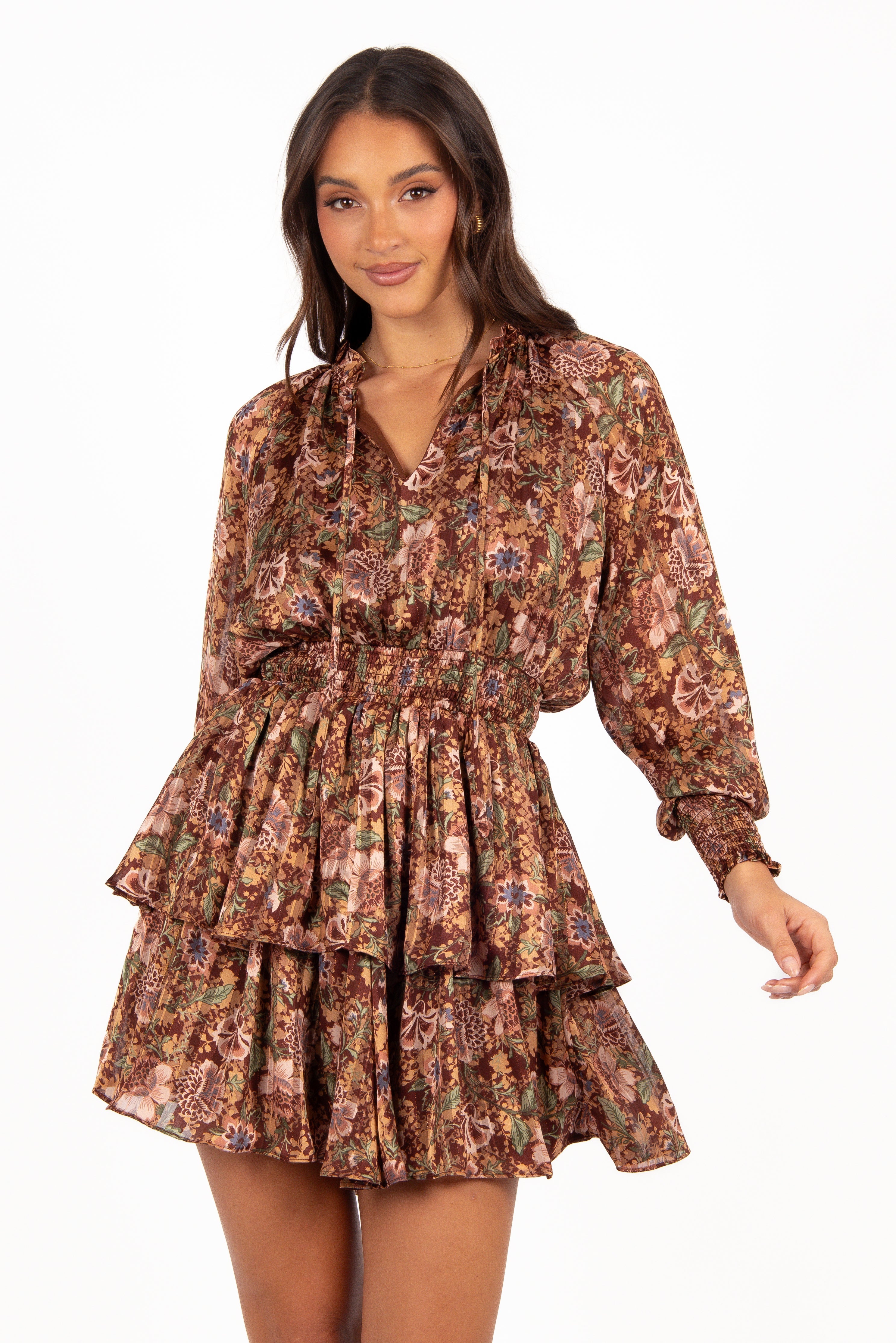 Alby Floral Print Long Sleeve Mini Dress - Chocolate Brown