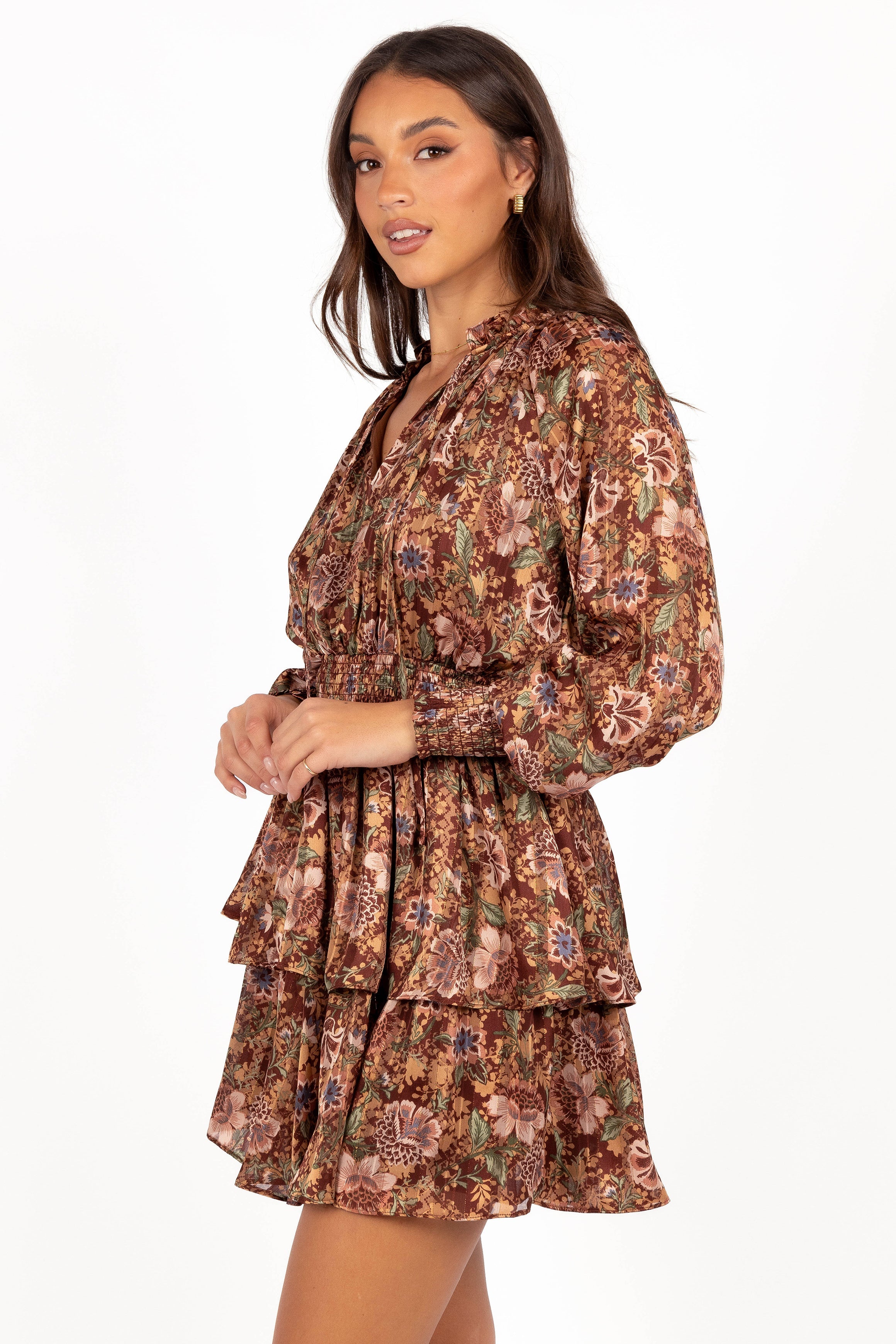 Alby Floral Print Long Sleeve Mini Dress - Chocolate Brown