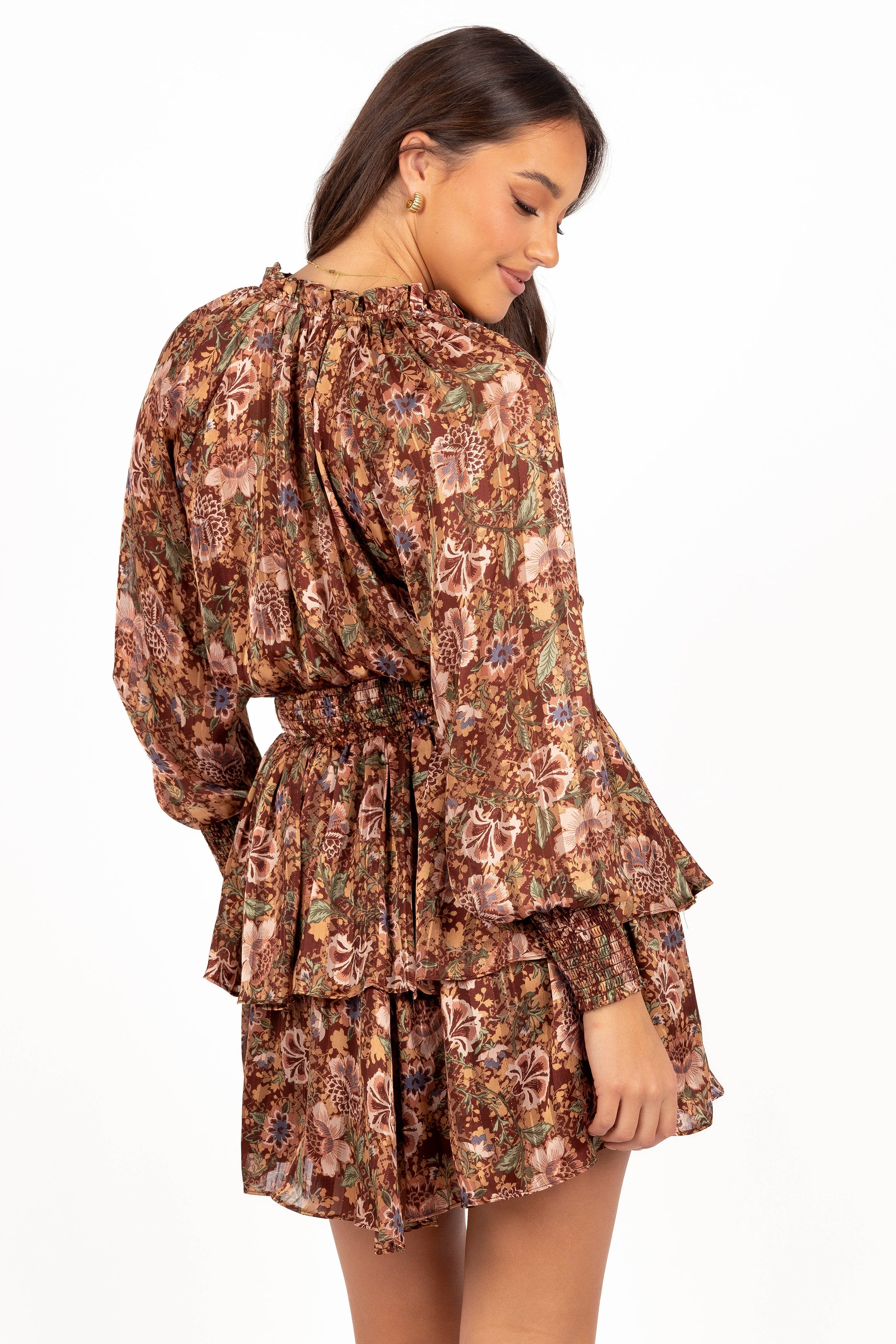 Alby Floral Print Long Sleeve Mini Dress - Chocolate Brown