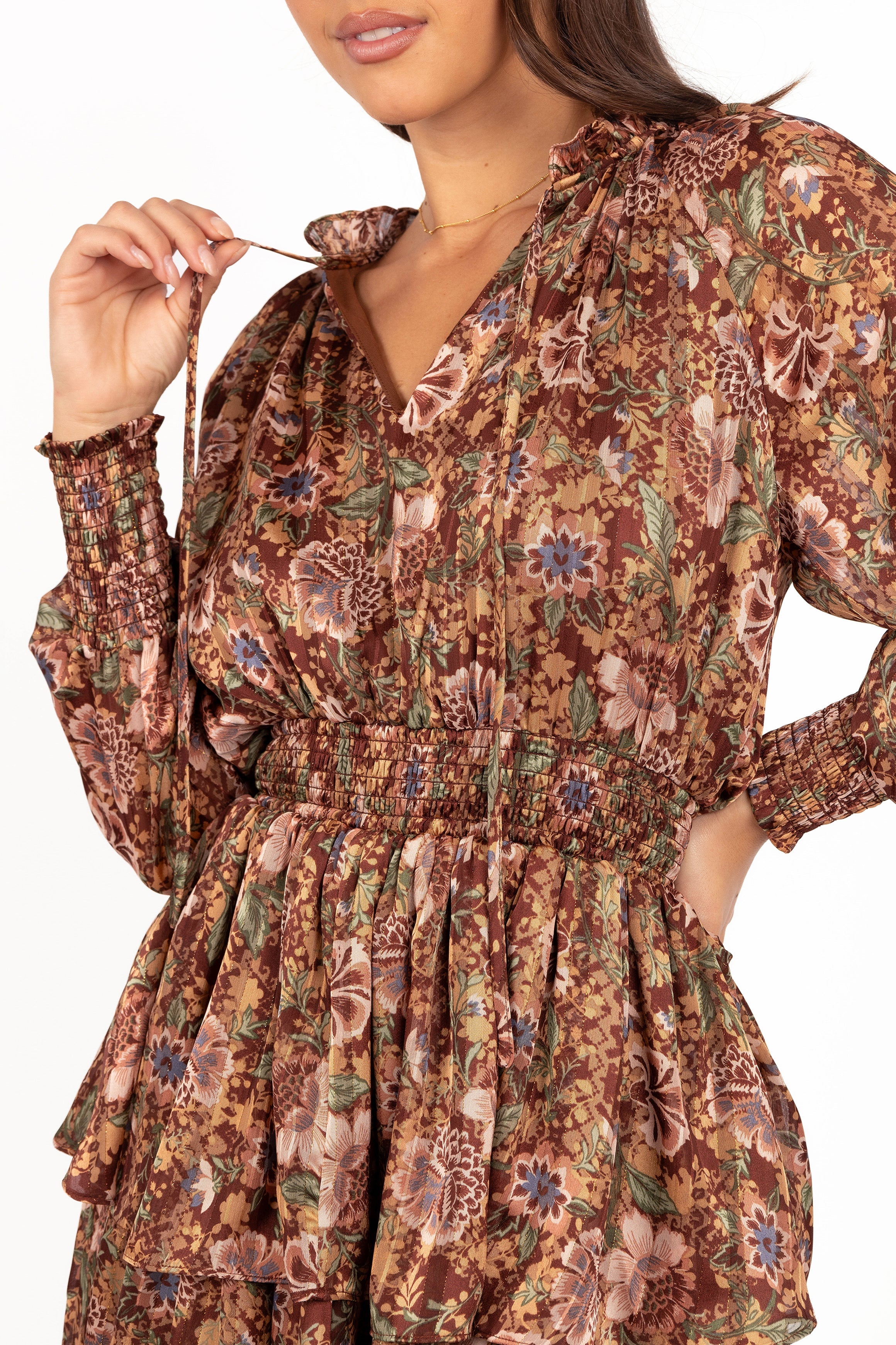 Alby Floral Print Long Sleeve Mini Dress - Chocolate Brown