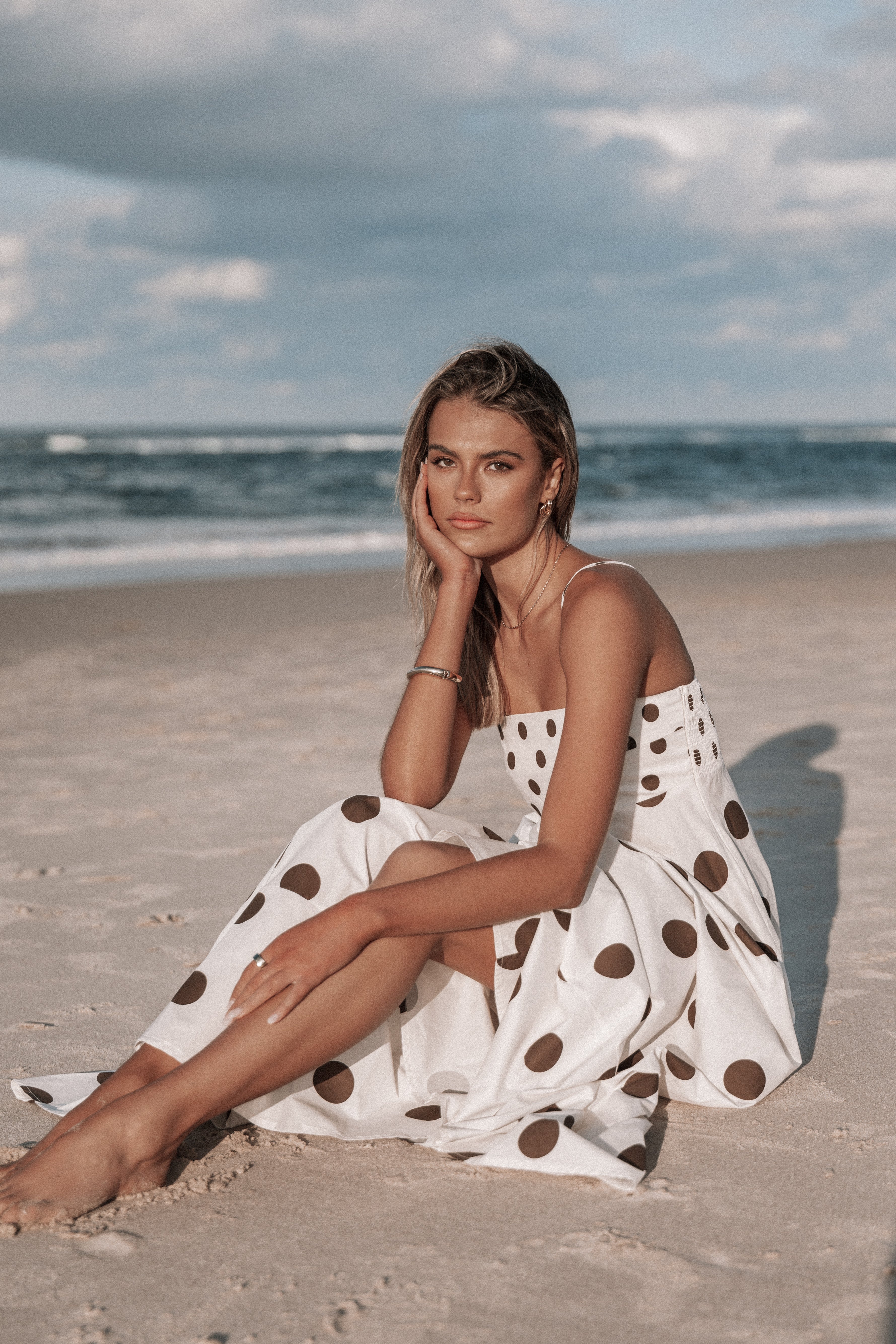 Chocolate Brown Polka Dot Midi Dress with Square Neckline - Deenie