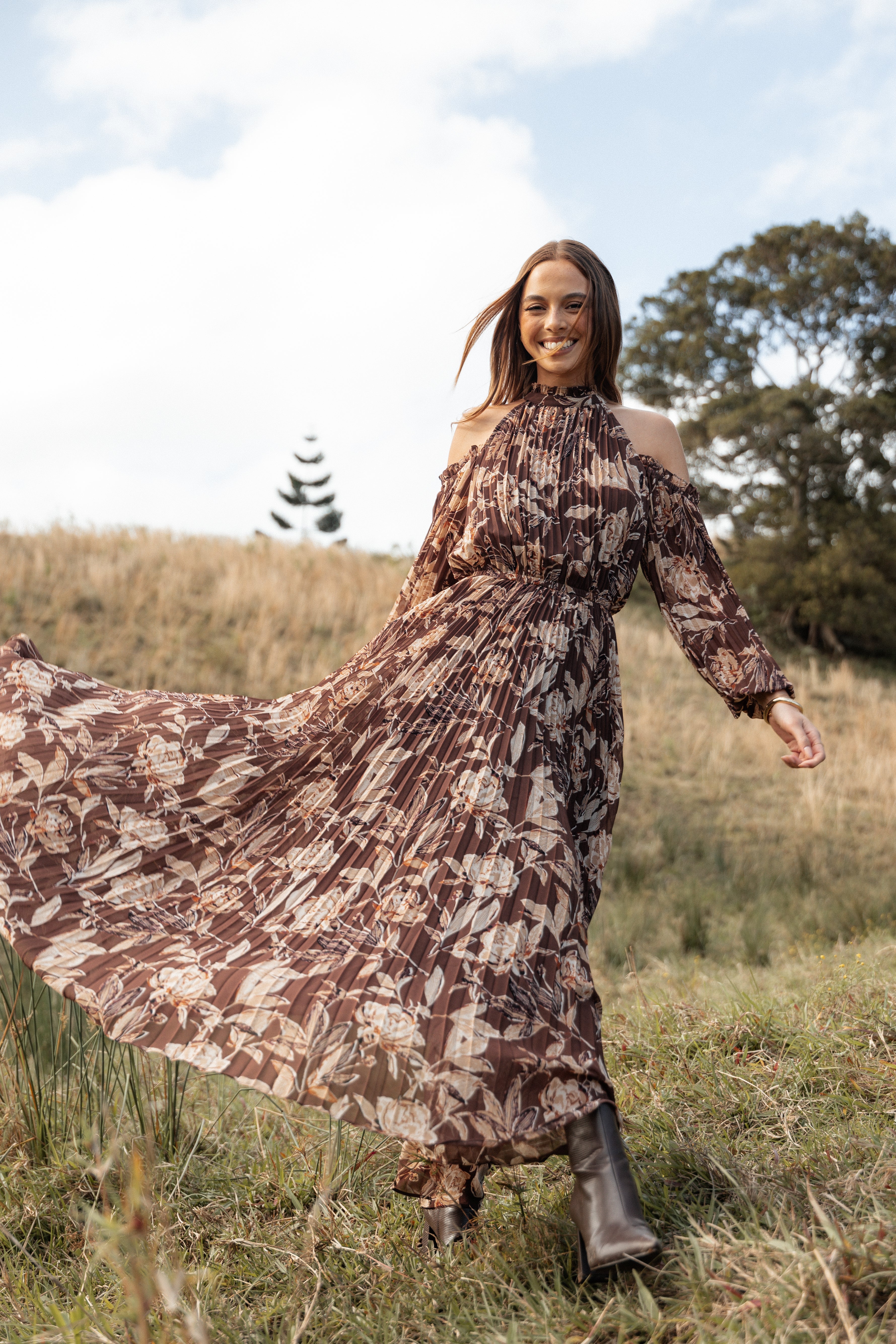 Floral Pleated Maxi Dress with Off-Shoulder Design - Hilary