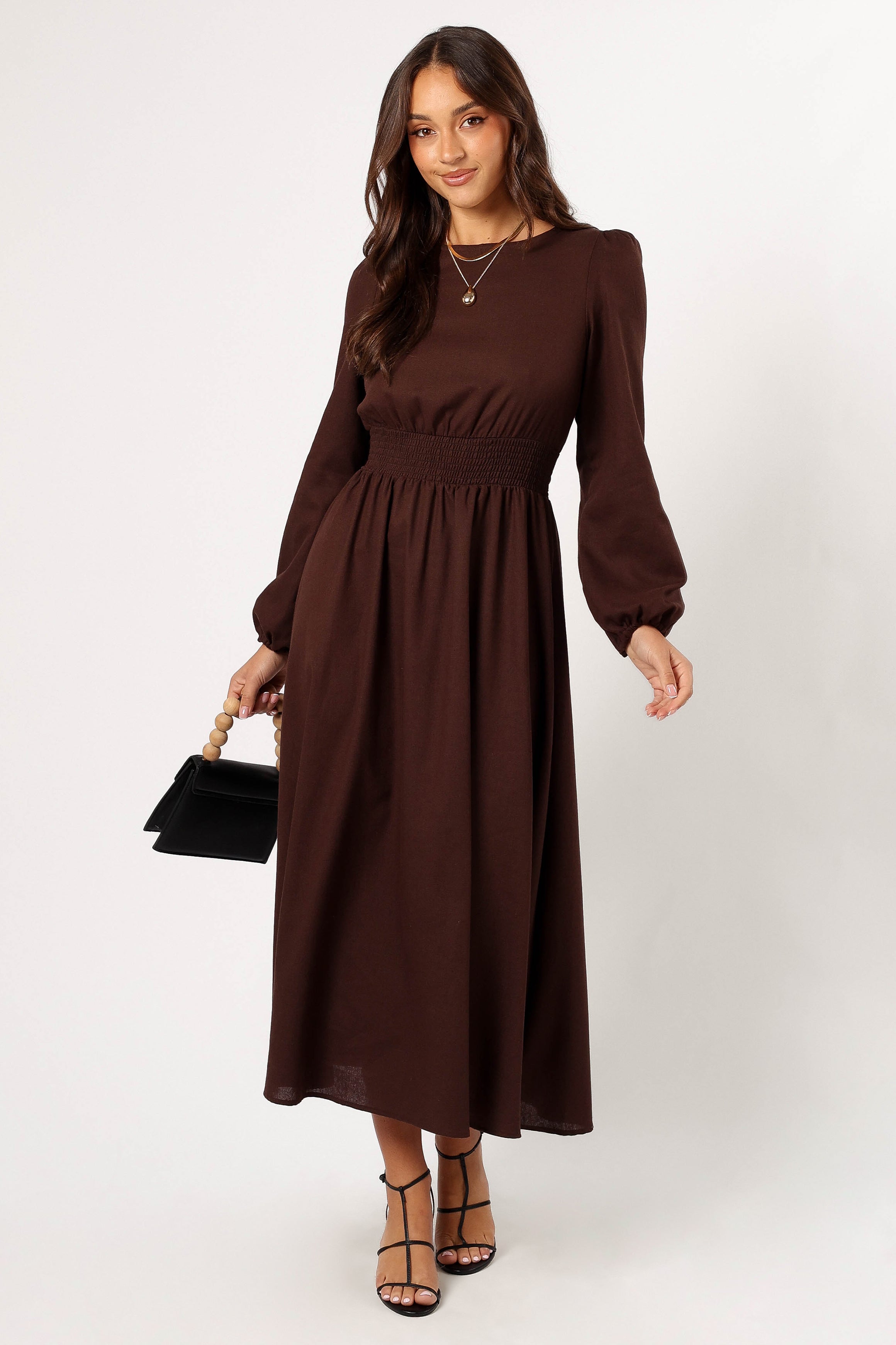 Roman Maxi Dress with Long Sleeves & Open Back - Brown Boho Chic