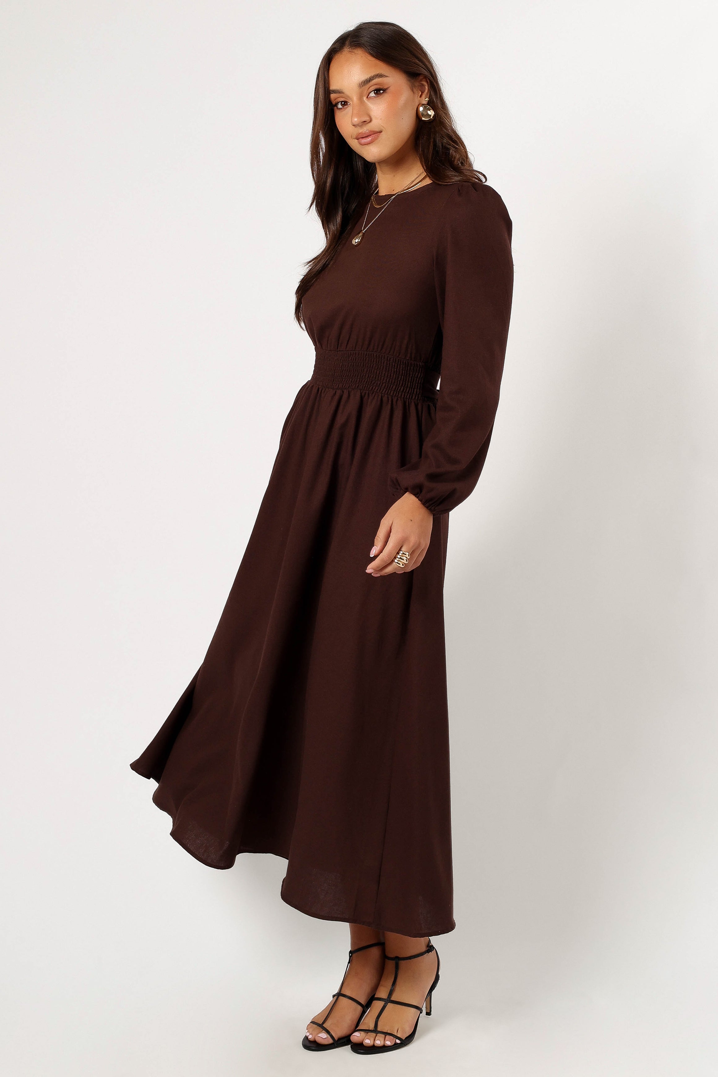 Roman Maxi Dress with Long Sleeves & Open Back - Brown Boho Chic