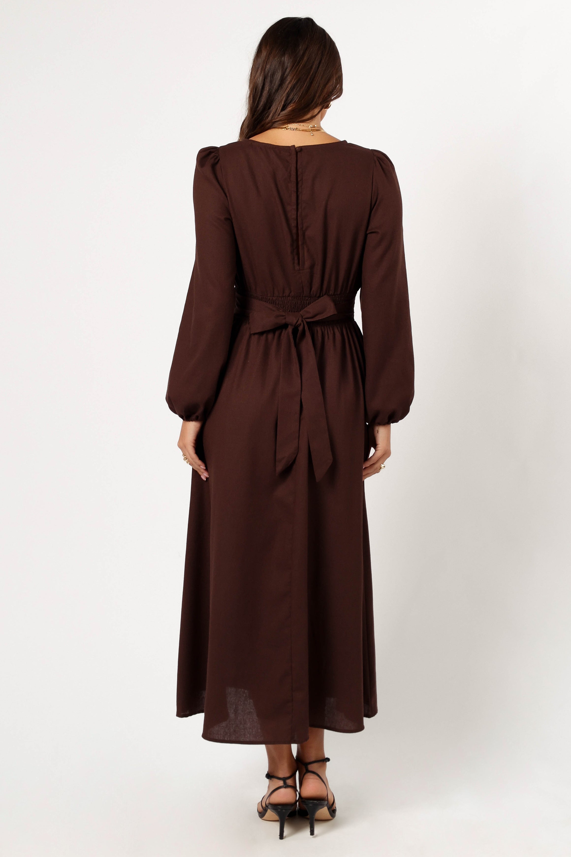 Roman Maxi Dress with Long Sleeves & Open Back - Brown Boho Chic