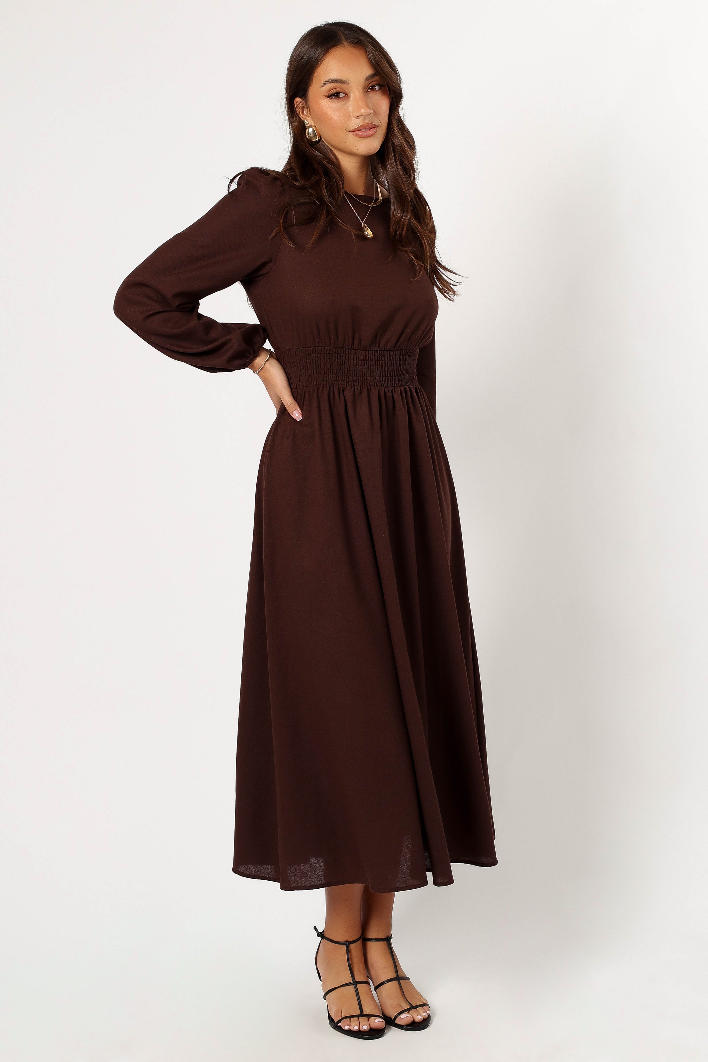 Roman Maxi Dress with Long Sleeves & Open Back - Brown Boho Chic