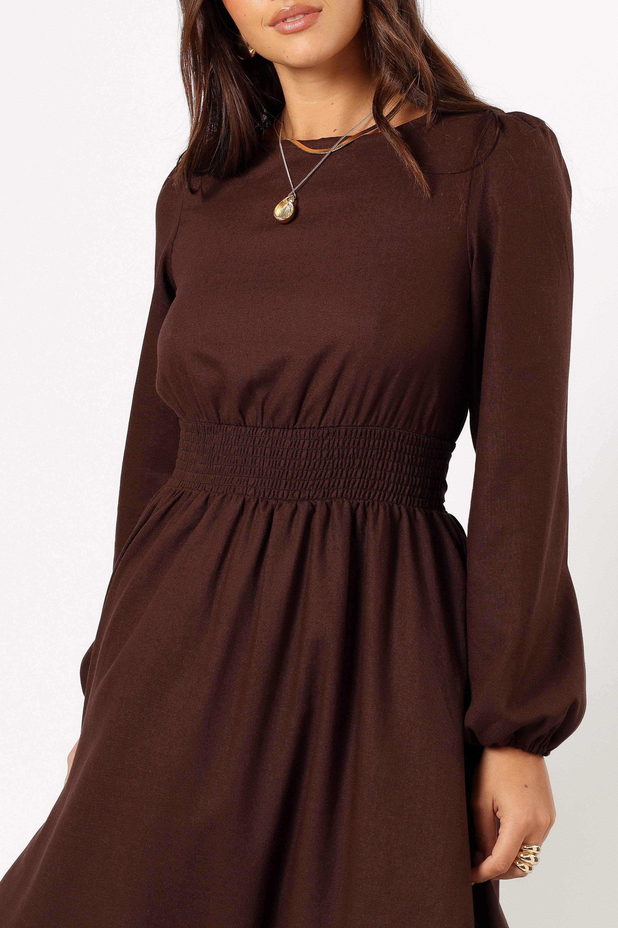 Roman Maxi Dress with Long Sleeves & Open Back - Brown Boho Chic