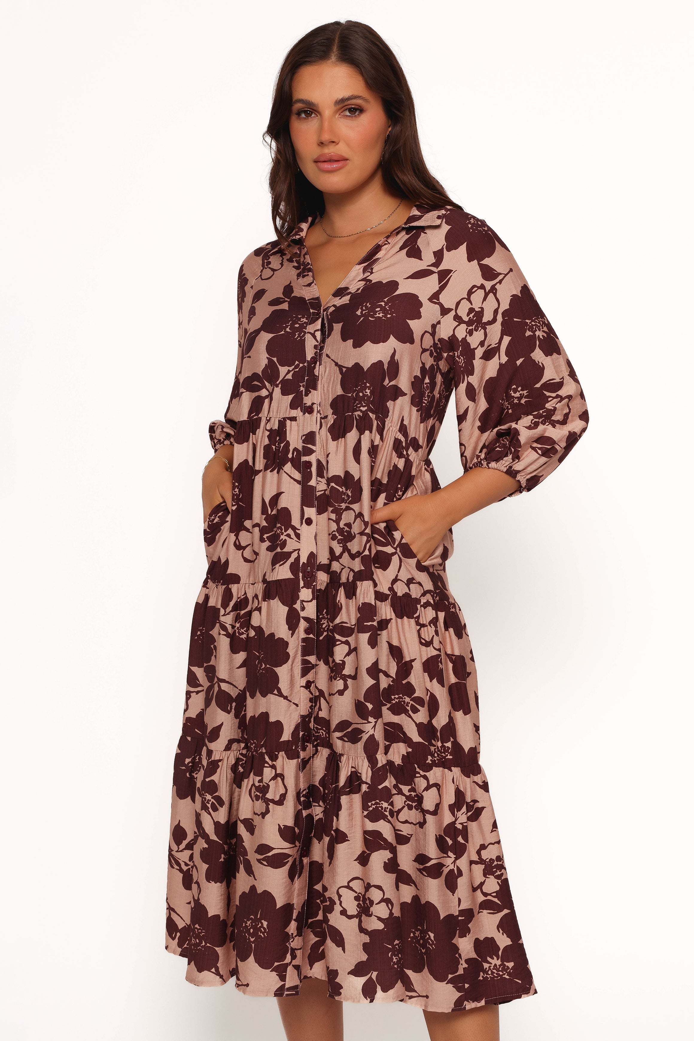 Brown Floral Maxi Dress with V-Neck & Tiered Skirt - Isaac