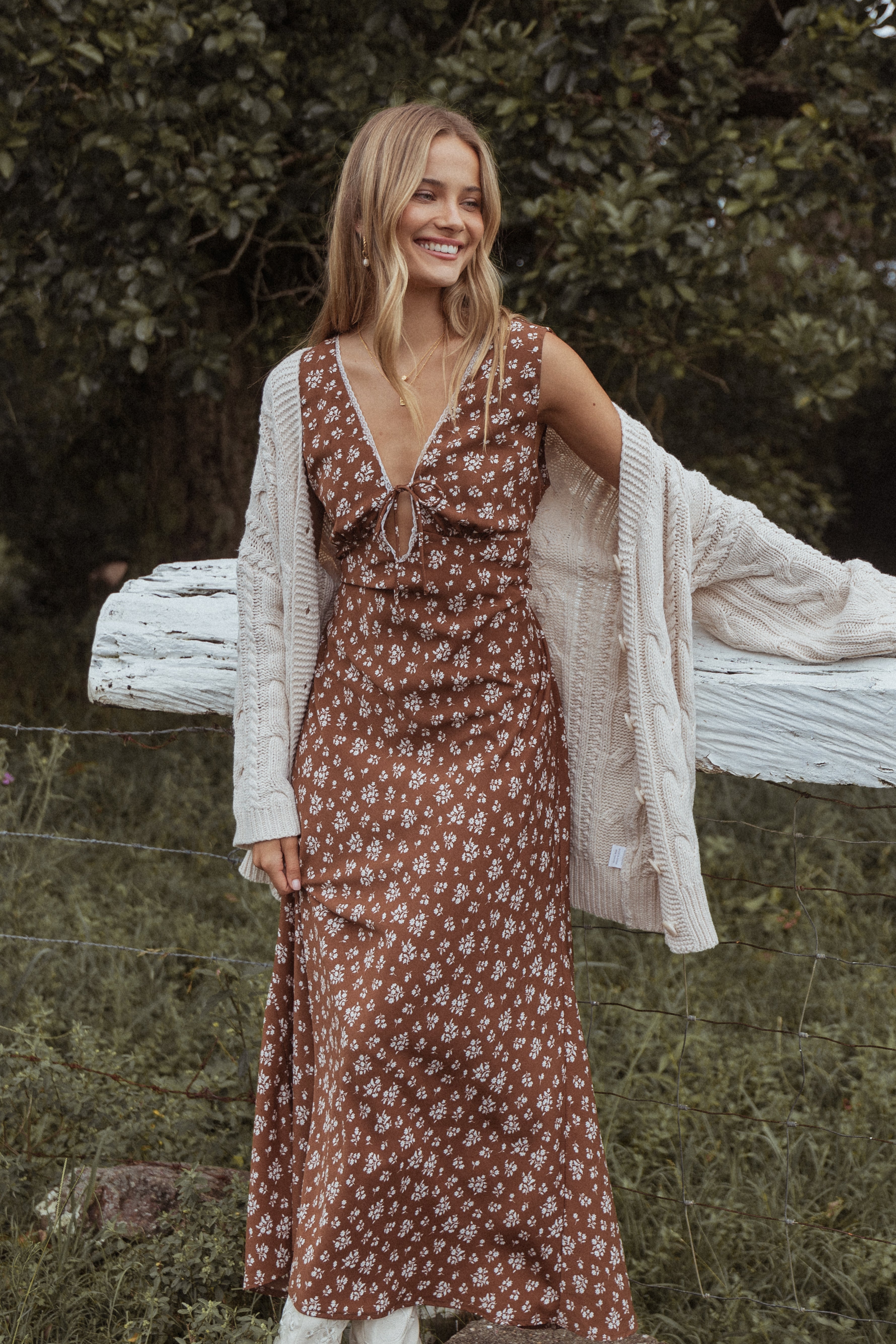 Brown Ditsy Floral Maxi Dress with Lace Trim & Adjustable Bow