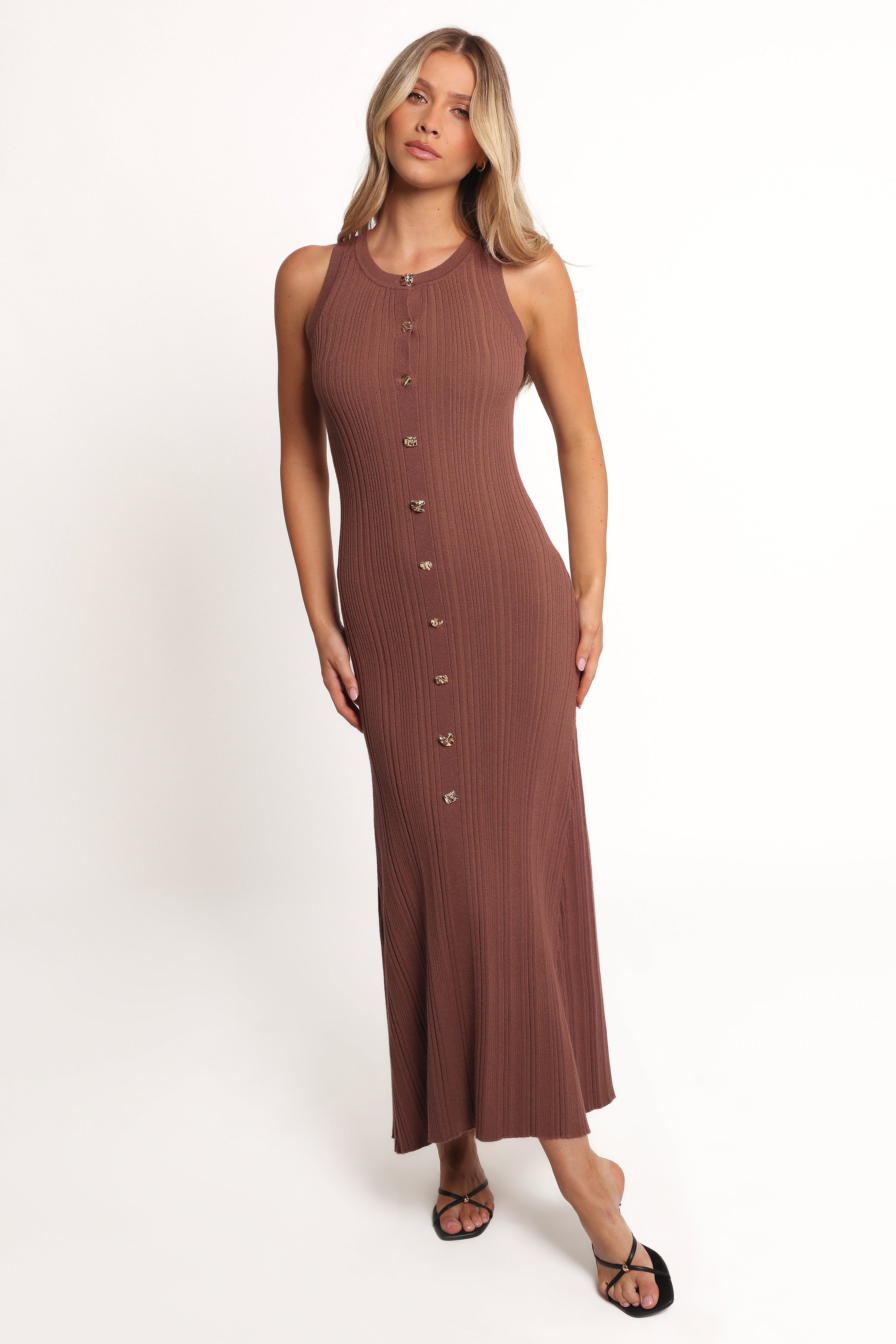 Chocolate Brown V-Neck Maxi Knit Dress with Buttons