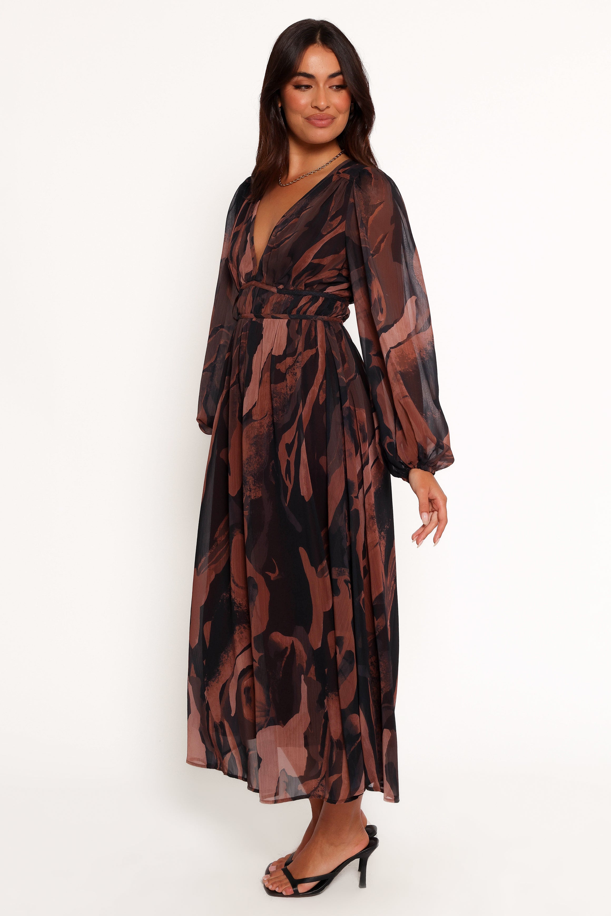 Blayze Brown Abstract Print Long Sleeve Maxi Dress