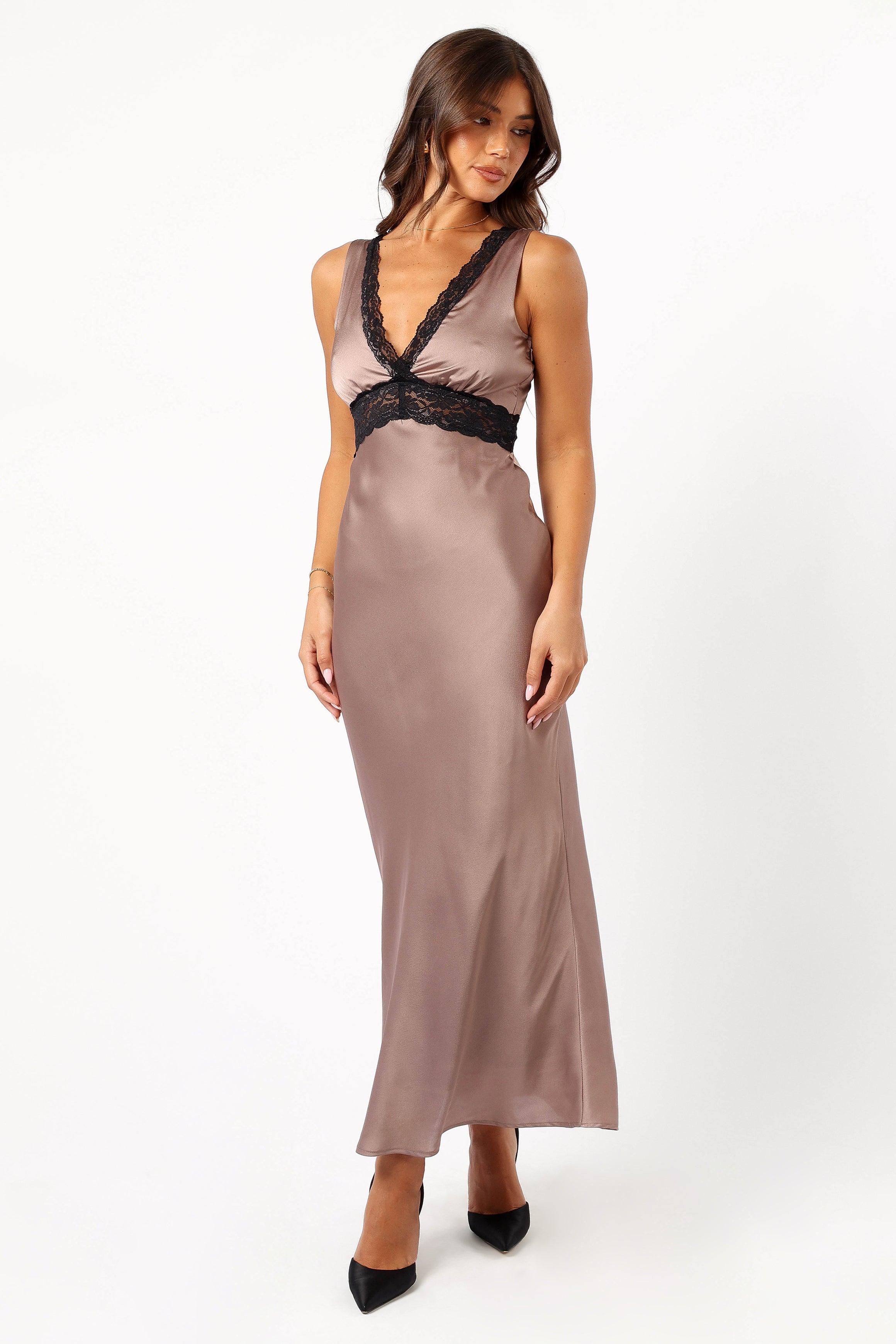 Brennan Mocha Satin Maxi Slip Dress with V Neck & Lace Trim