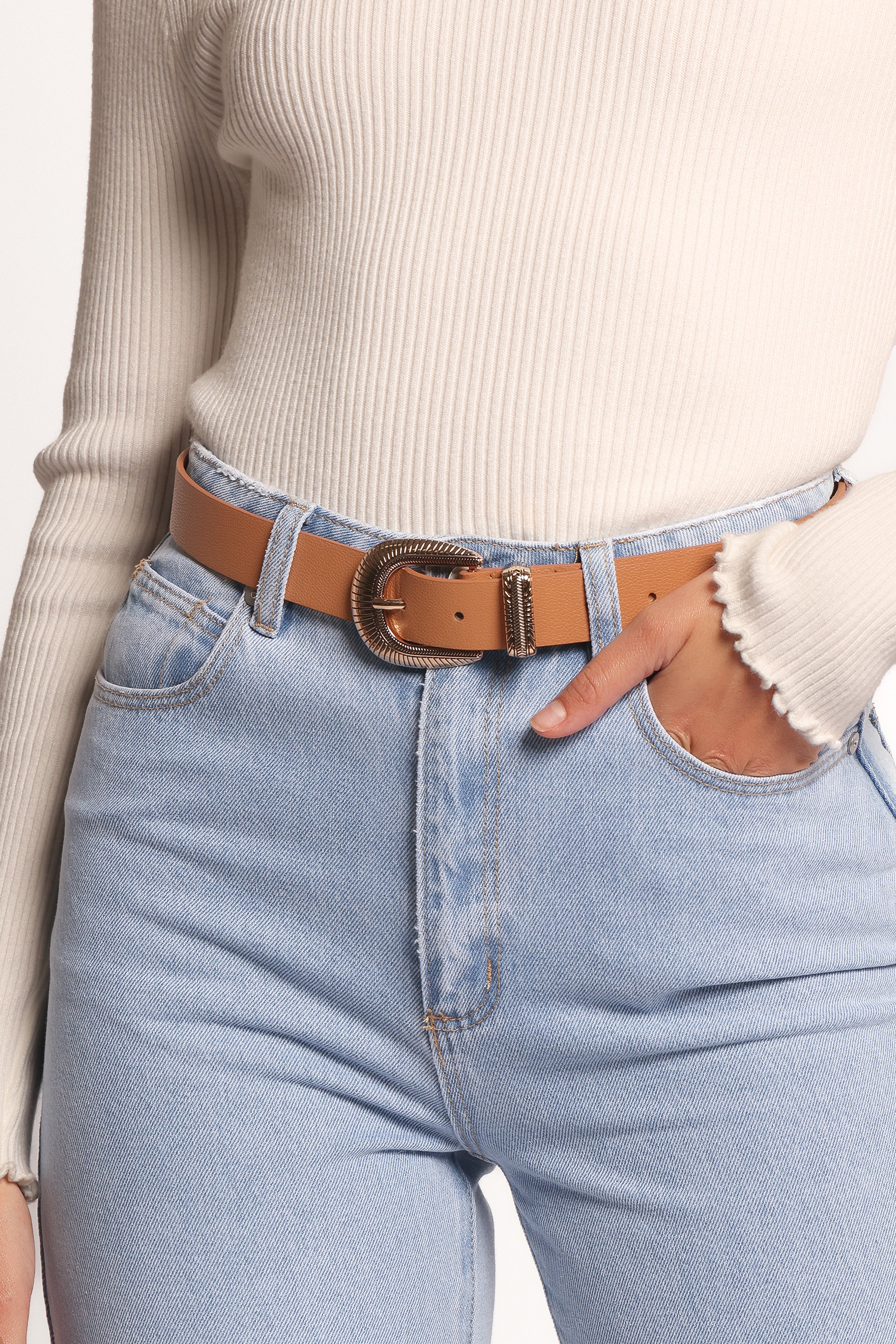 Dylan Faux Leather Belt with Gold Buckle - Camel