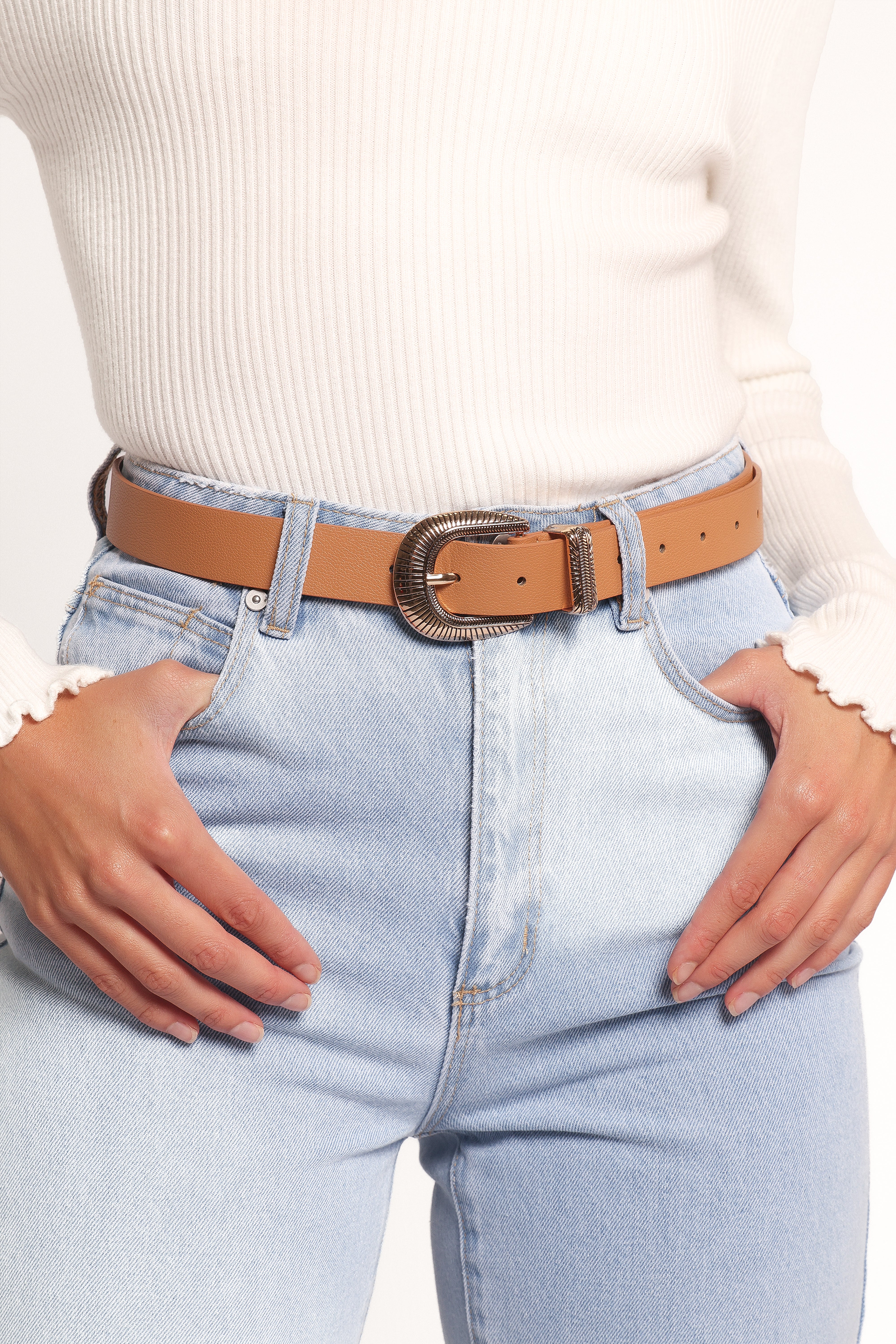 Dylan Faux Leather Belt with Gold Buckle - Camel