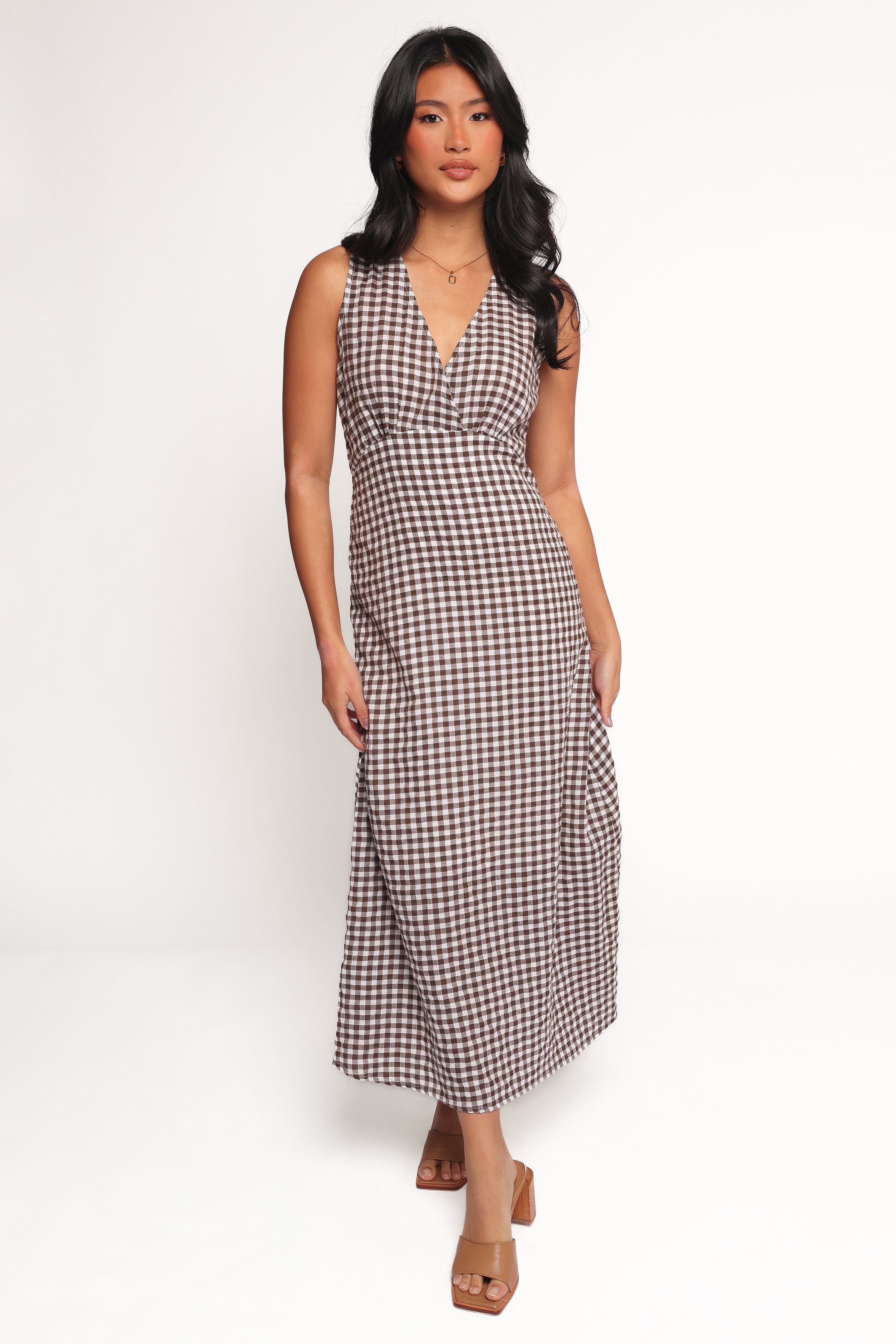 Brown Gingham Queenie Midi Dress with V-Neck & Empire Waist