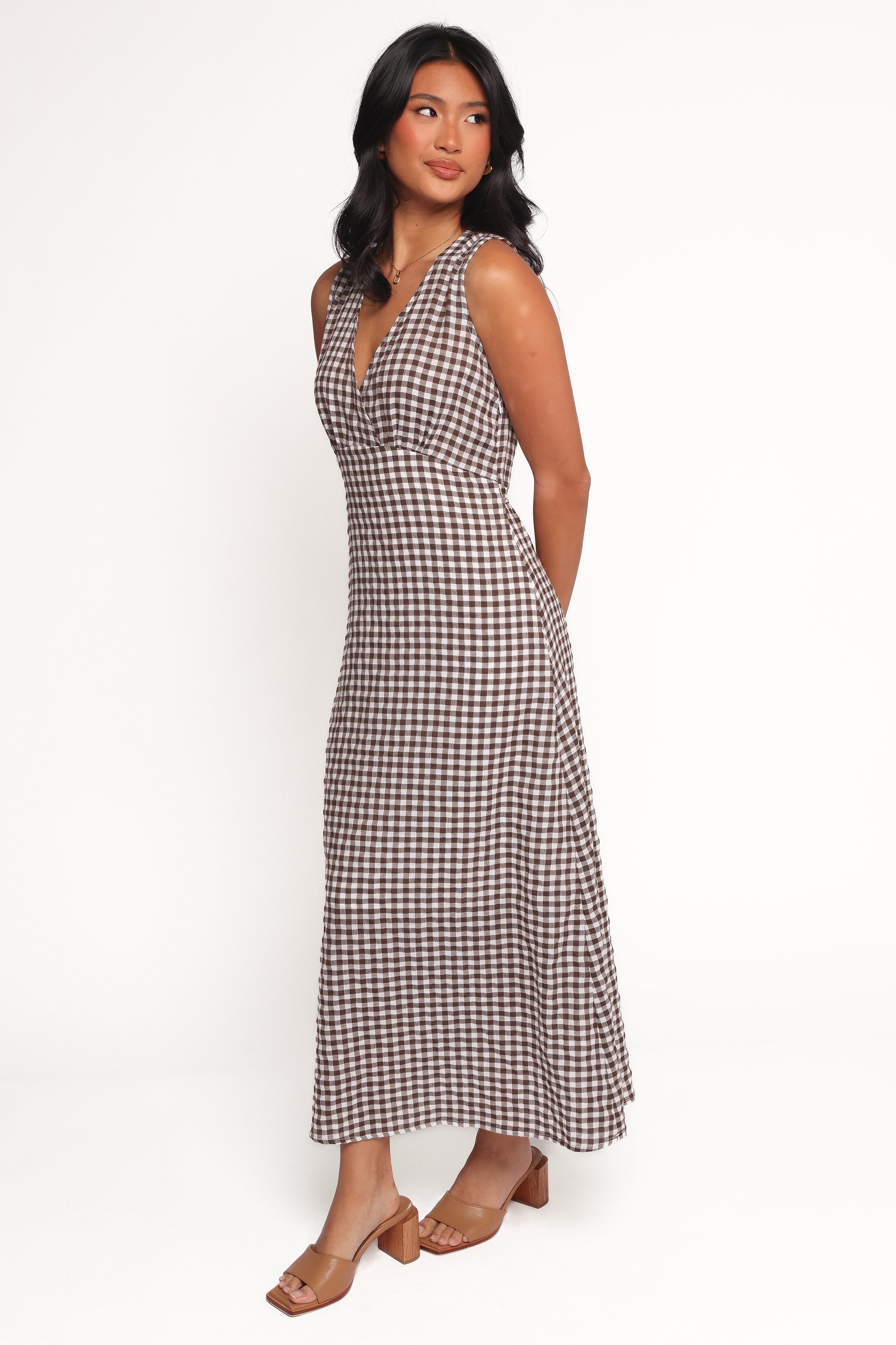Brown Gingham Queenie Midi Dress with V-Neck & Empire Waist