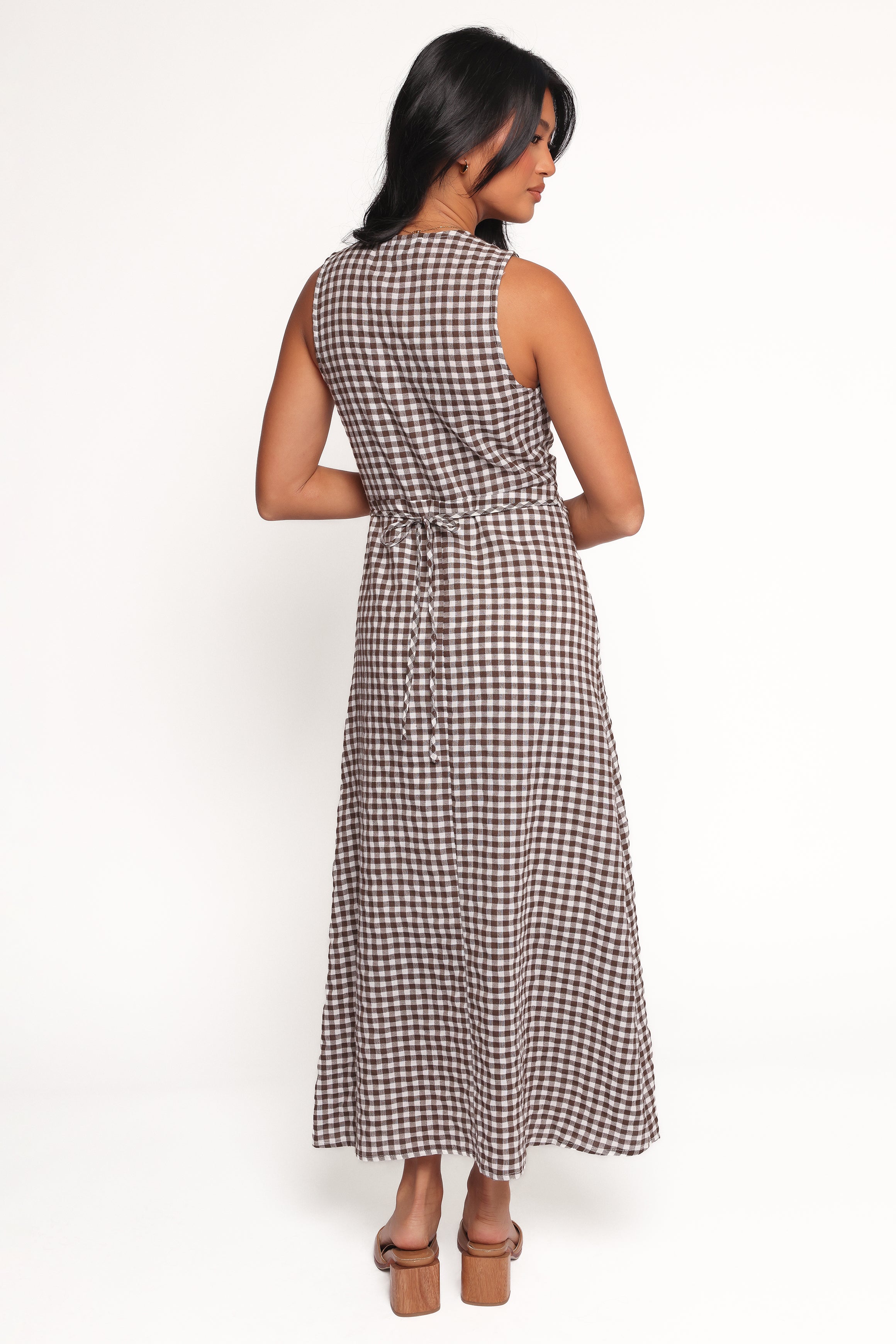 Brown Gingham Queenie Midi Dress with V-Neck & Empire Waist