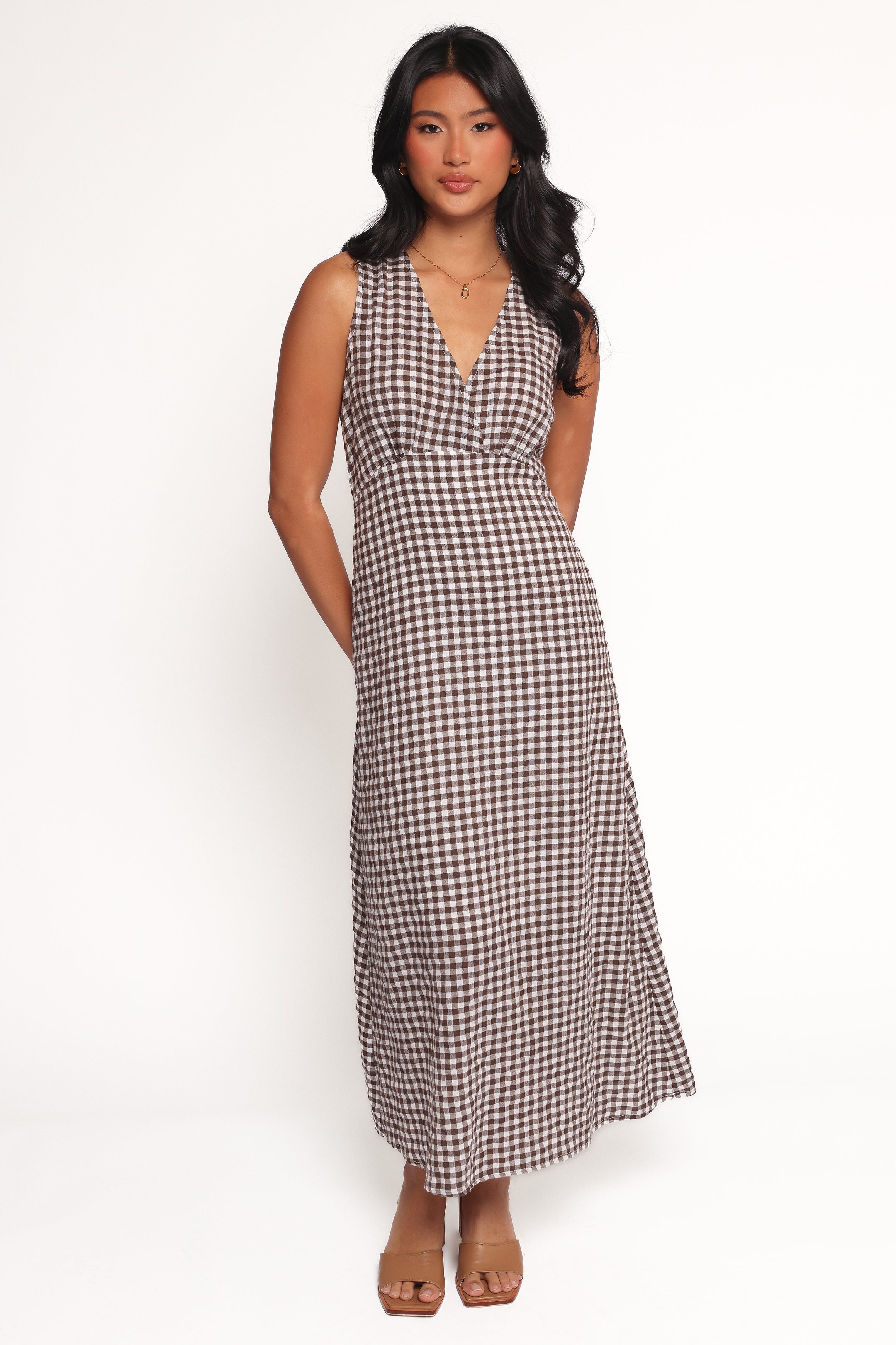 Brown Gingham Queenie Midi Dress with V-Neck & Empire Waist