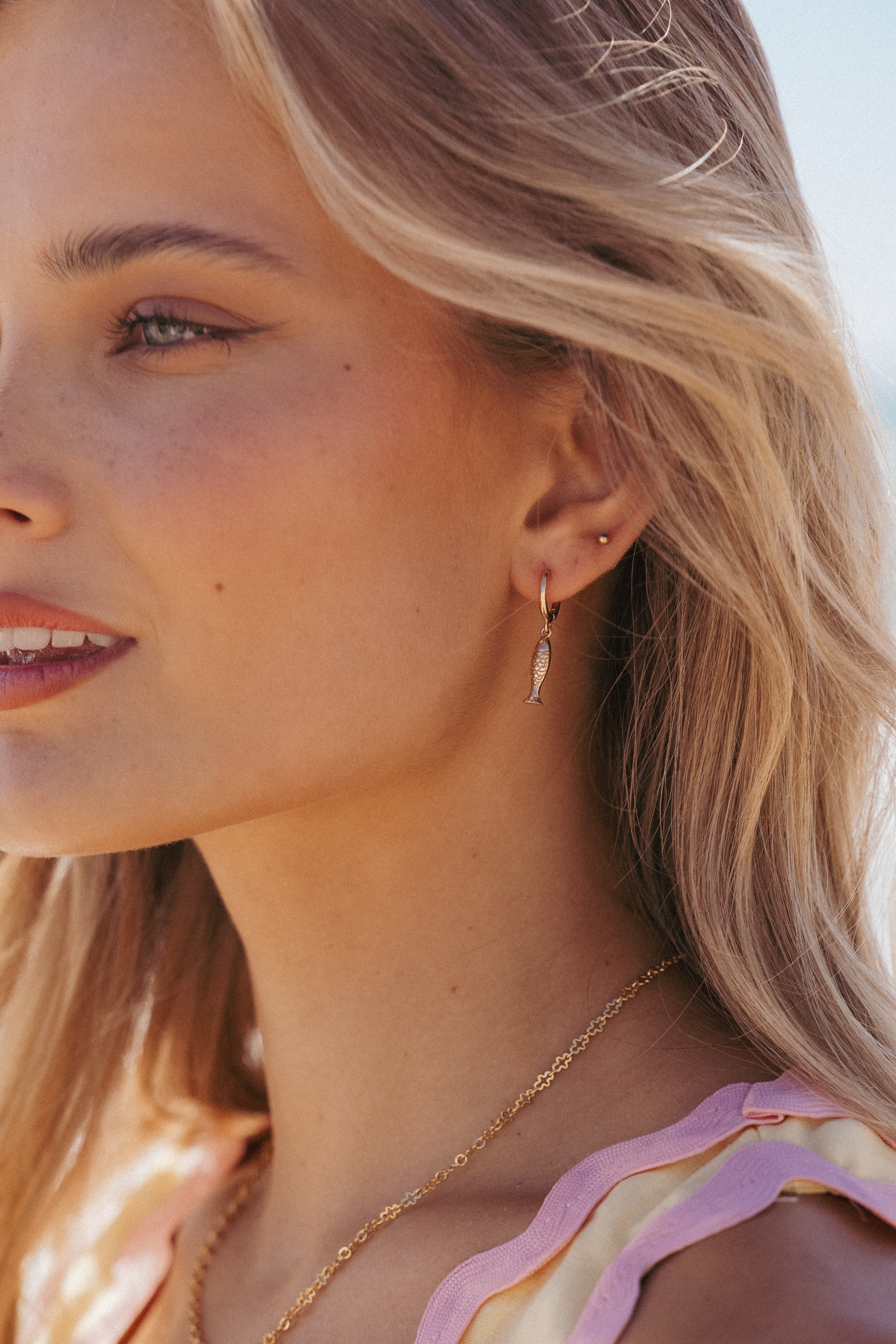Gold Hoop Earrings with Fish Pendant - Sardinia Style Jewelry