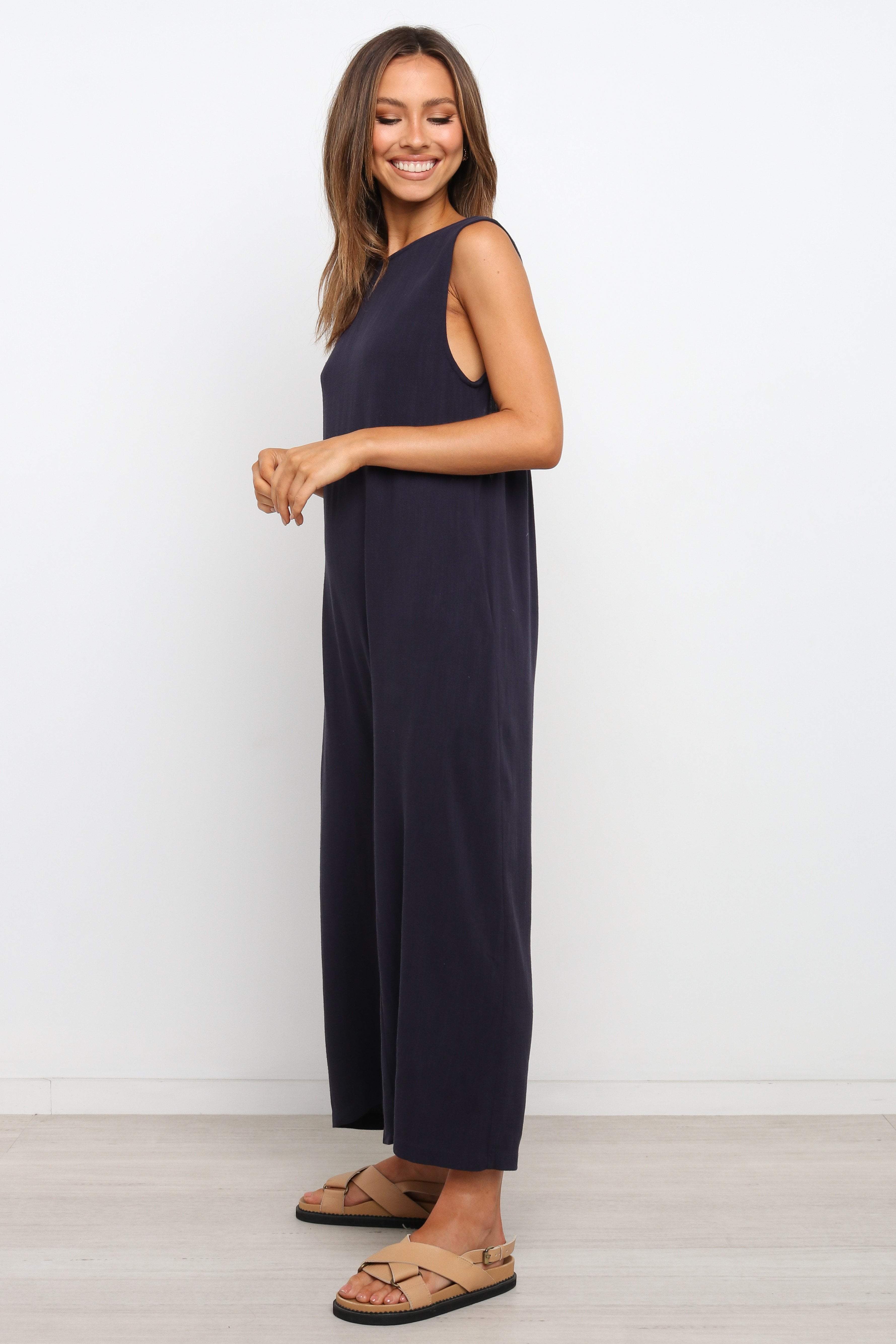 Yardlee Navy Linen-Blend Jumpsuit with V-Back & Pockets
