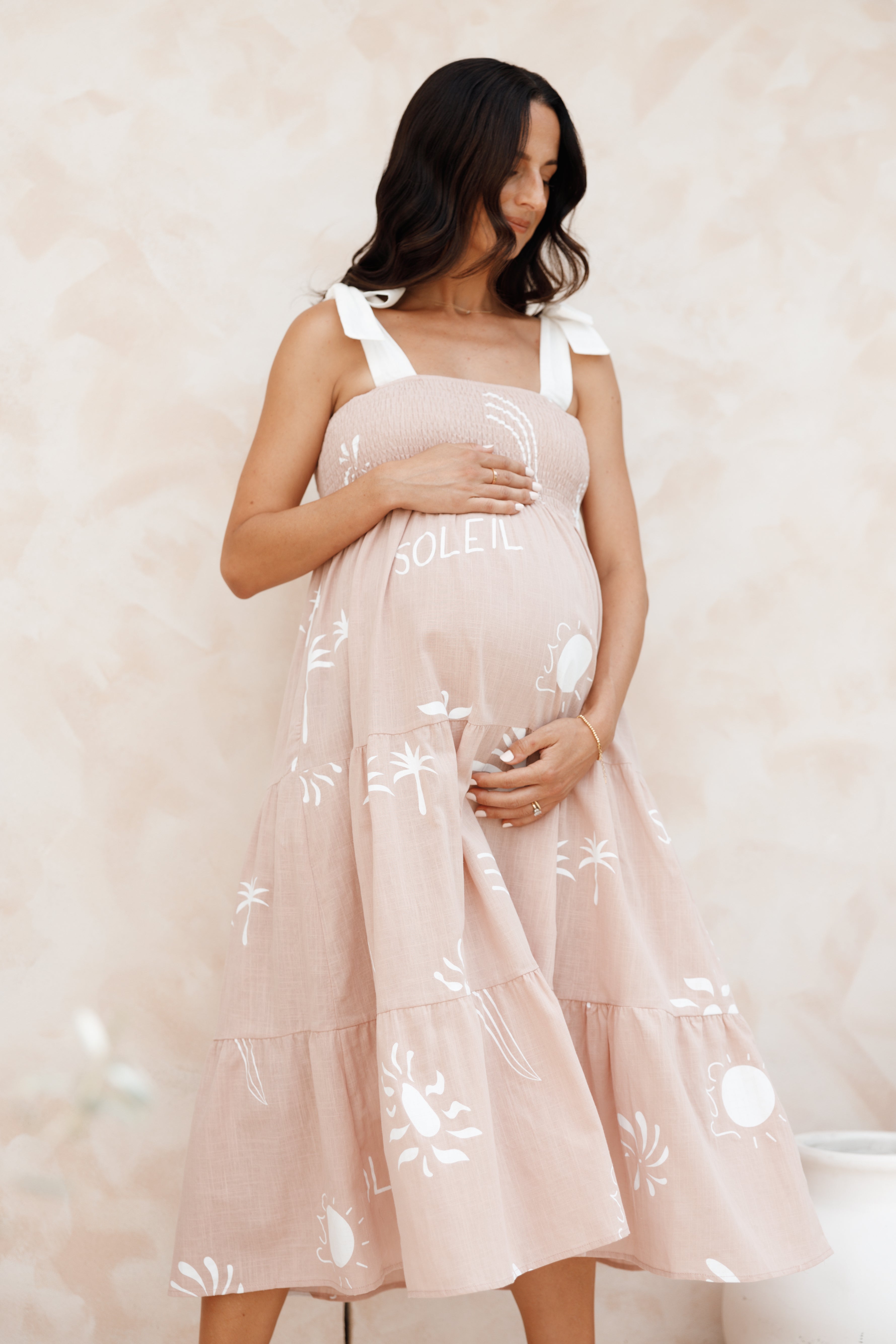 Sarelle Tan Blush Abstract Print Cotton Midi Dress