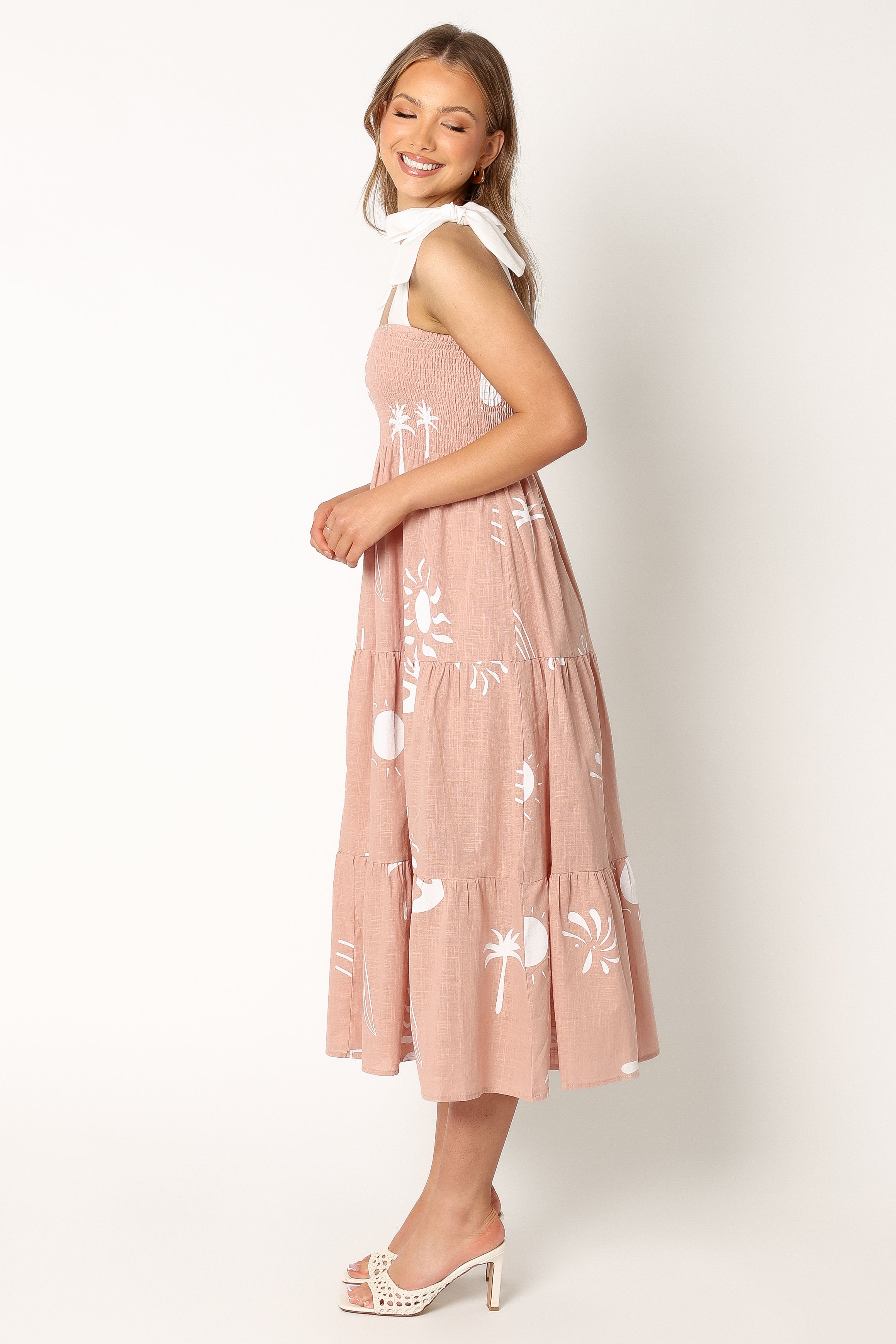 Sarelle Tan Blush Abstract Print Cotton Midi Dress