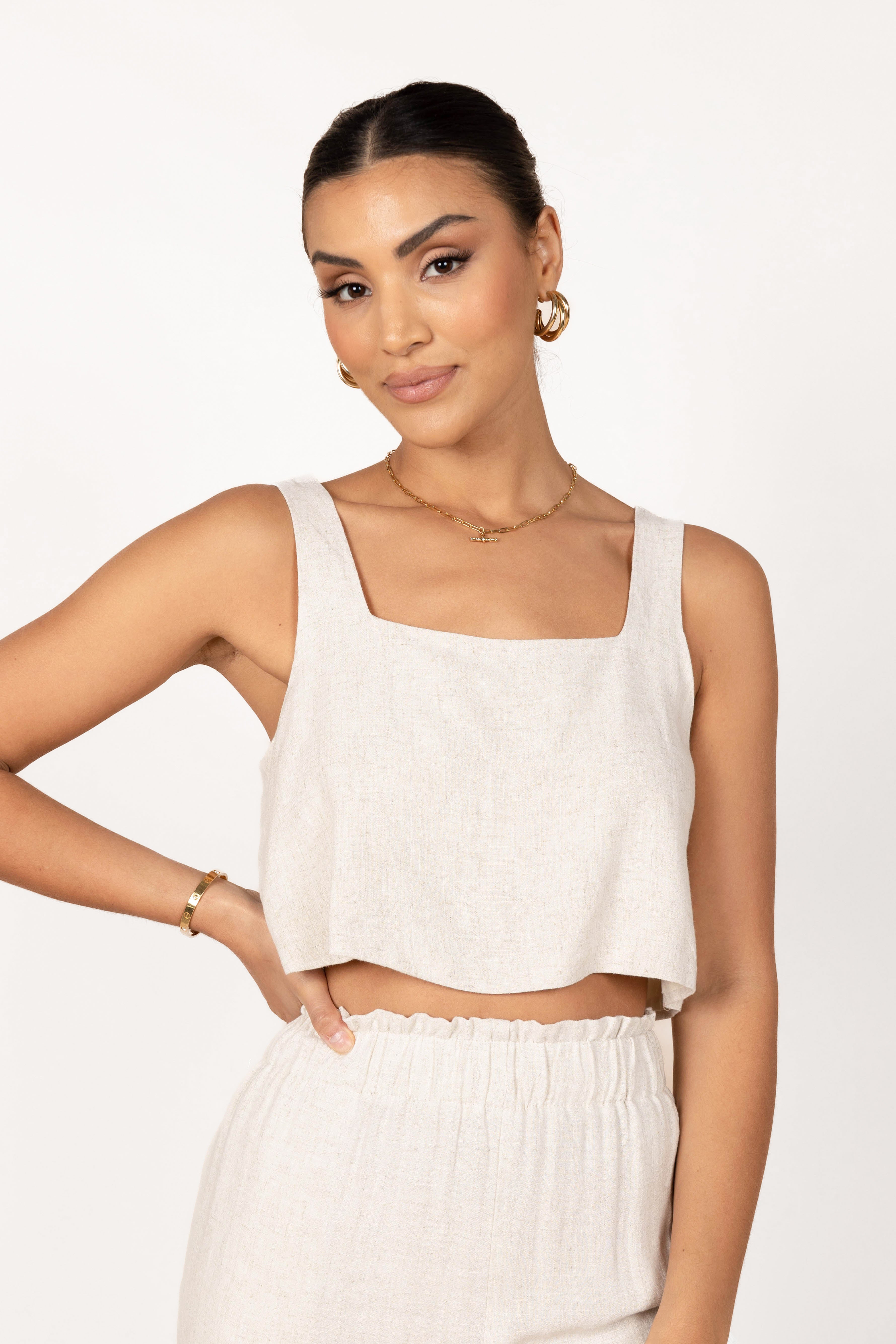 Linen Cropped Top - Eleanor Square Neck Beige Blouse