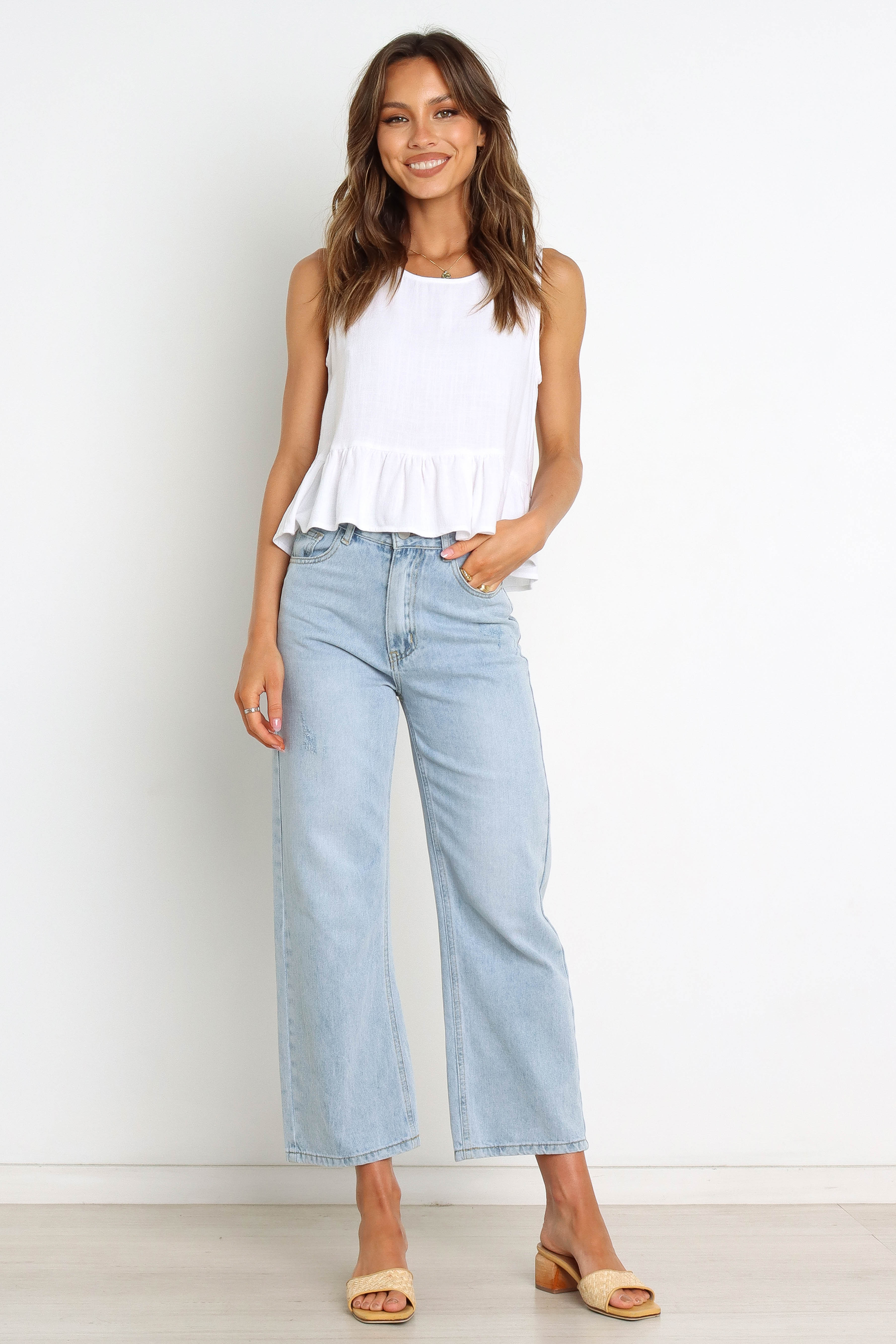 Women's White Smock Top with Ruffle Hemline & Button Detail