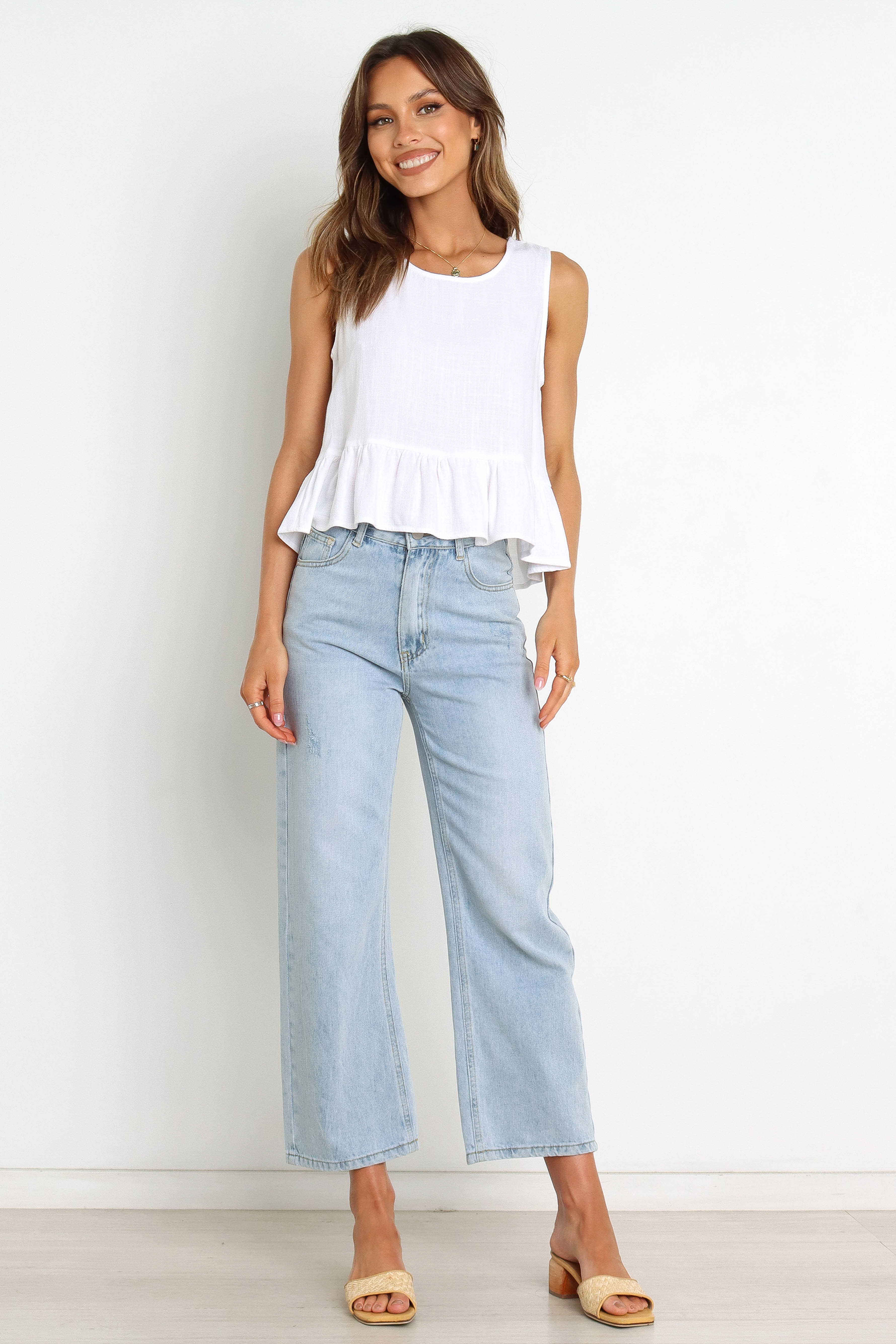 Women's White Smock Top with Ruffle Hemline & Button Detail