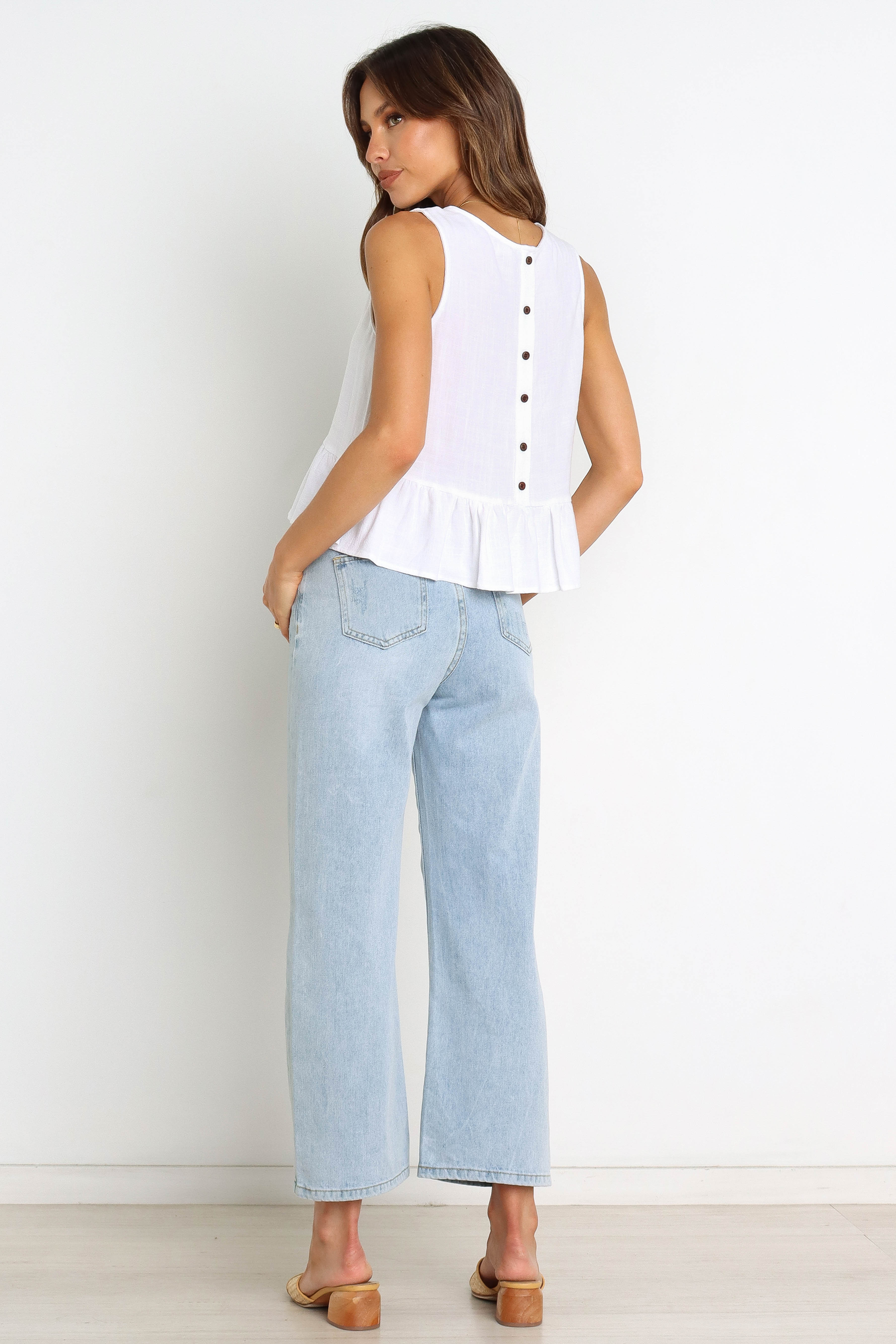 Women's White Smock Top with Ruffle Hemline & Button Detail