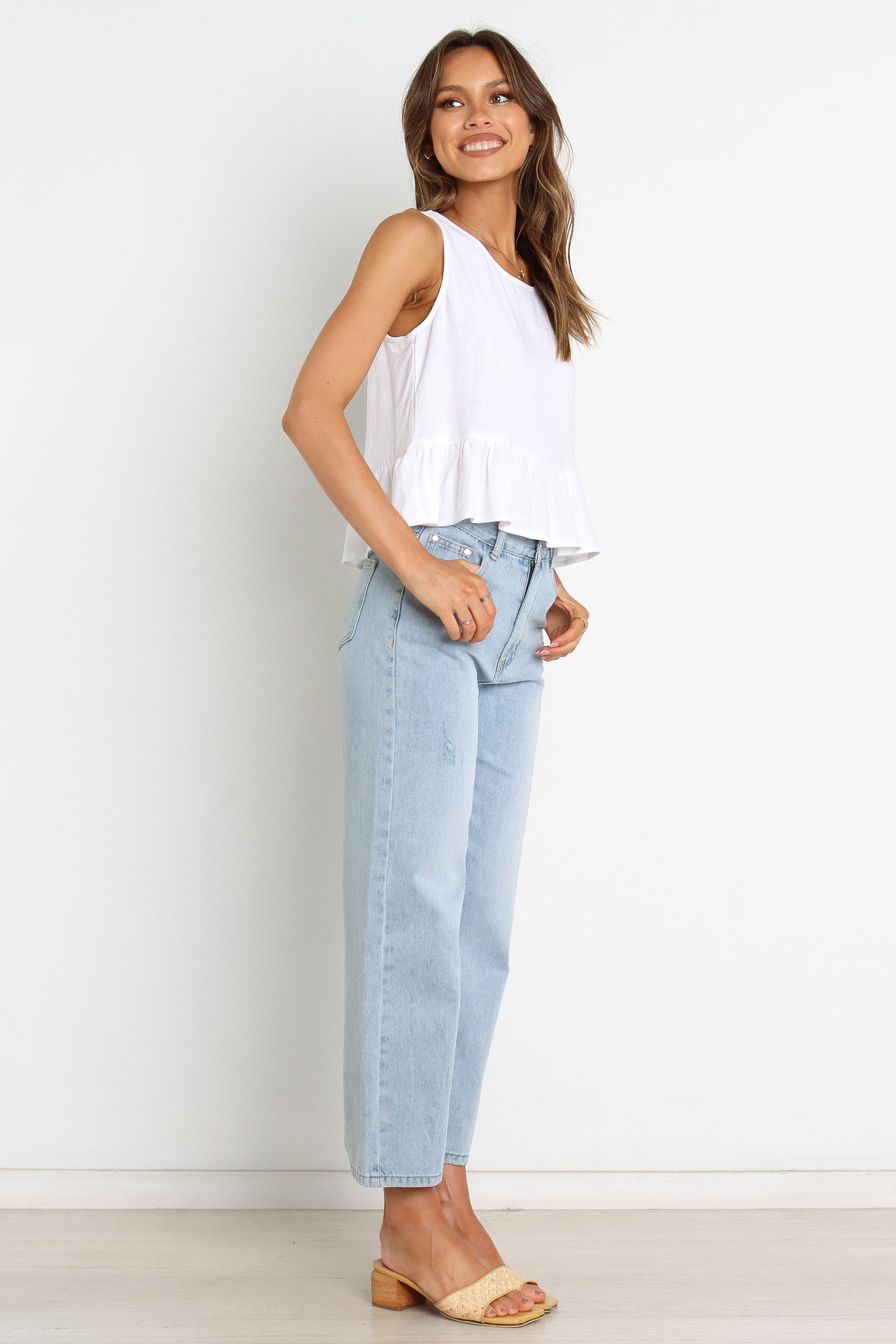 Women's White Smock Top with Ruffle Hemline & Button Detail