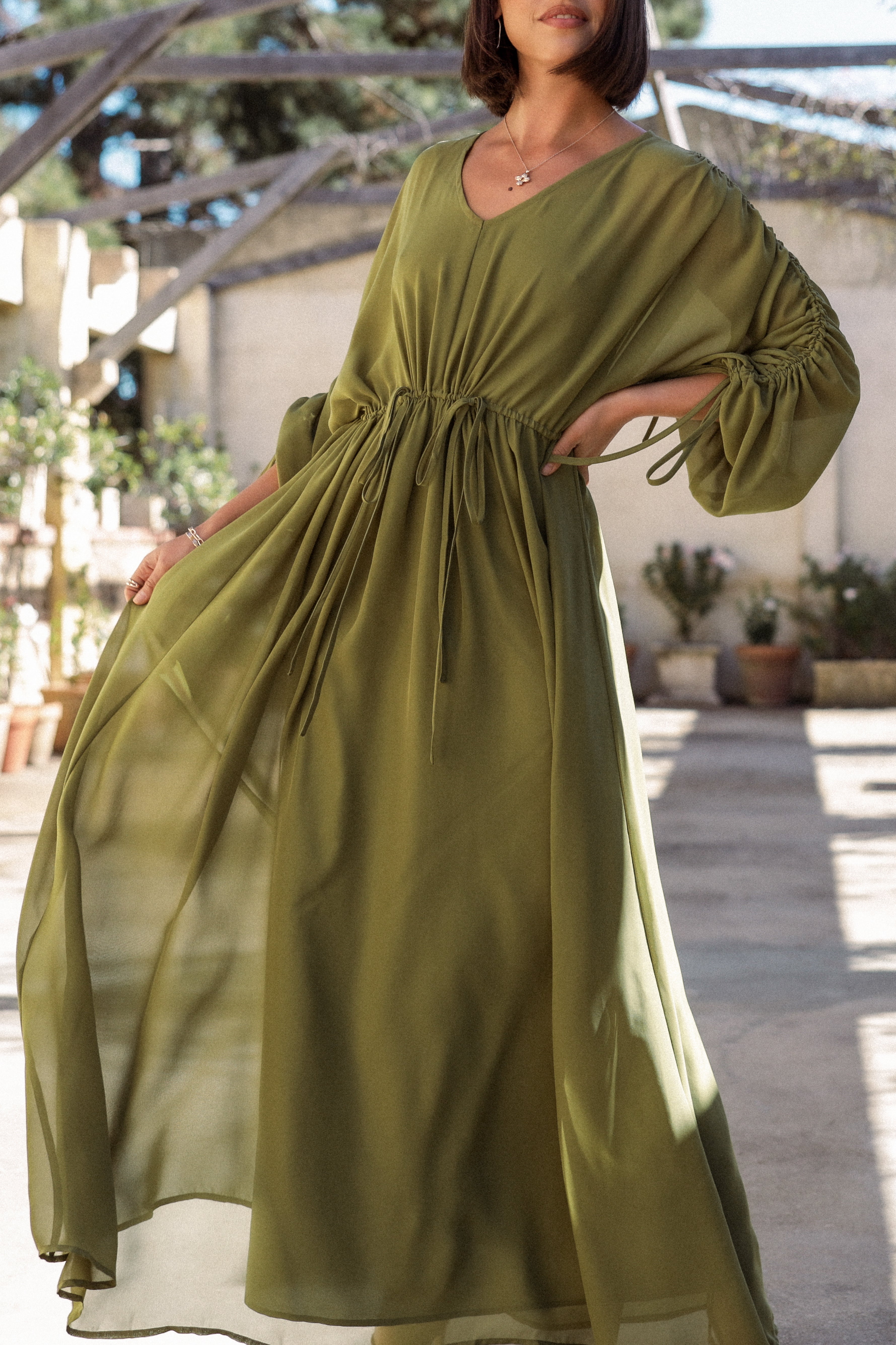 Sage Long Sleeve Maxi Dress with Drawstring Waist - Ramona