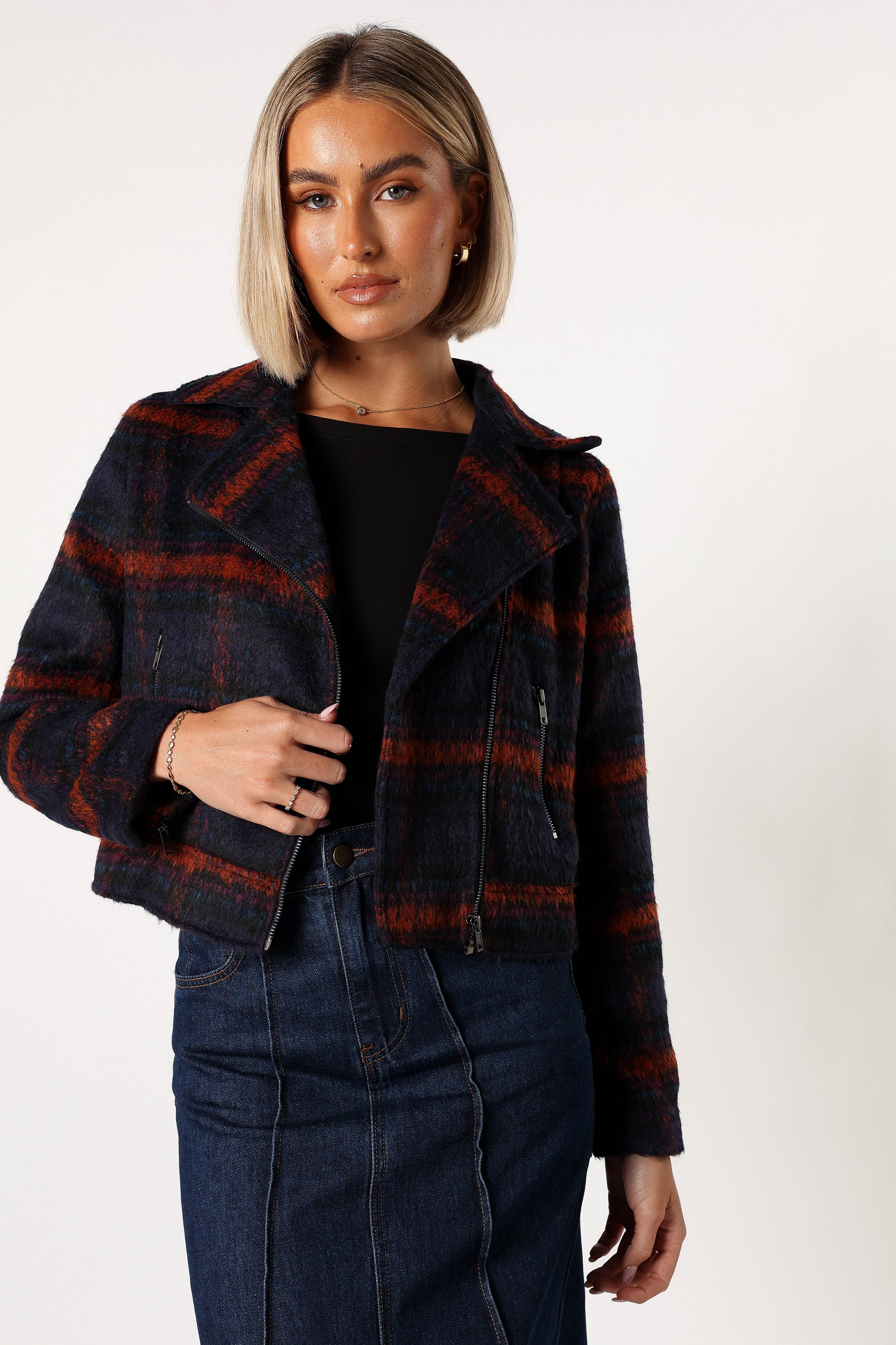 Men's Navy Teal Plaid Zip-Up Jacket - Logan Collared Style
