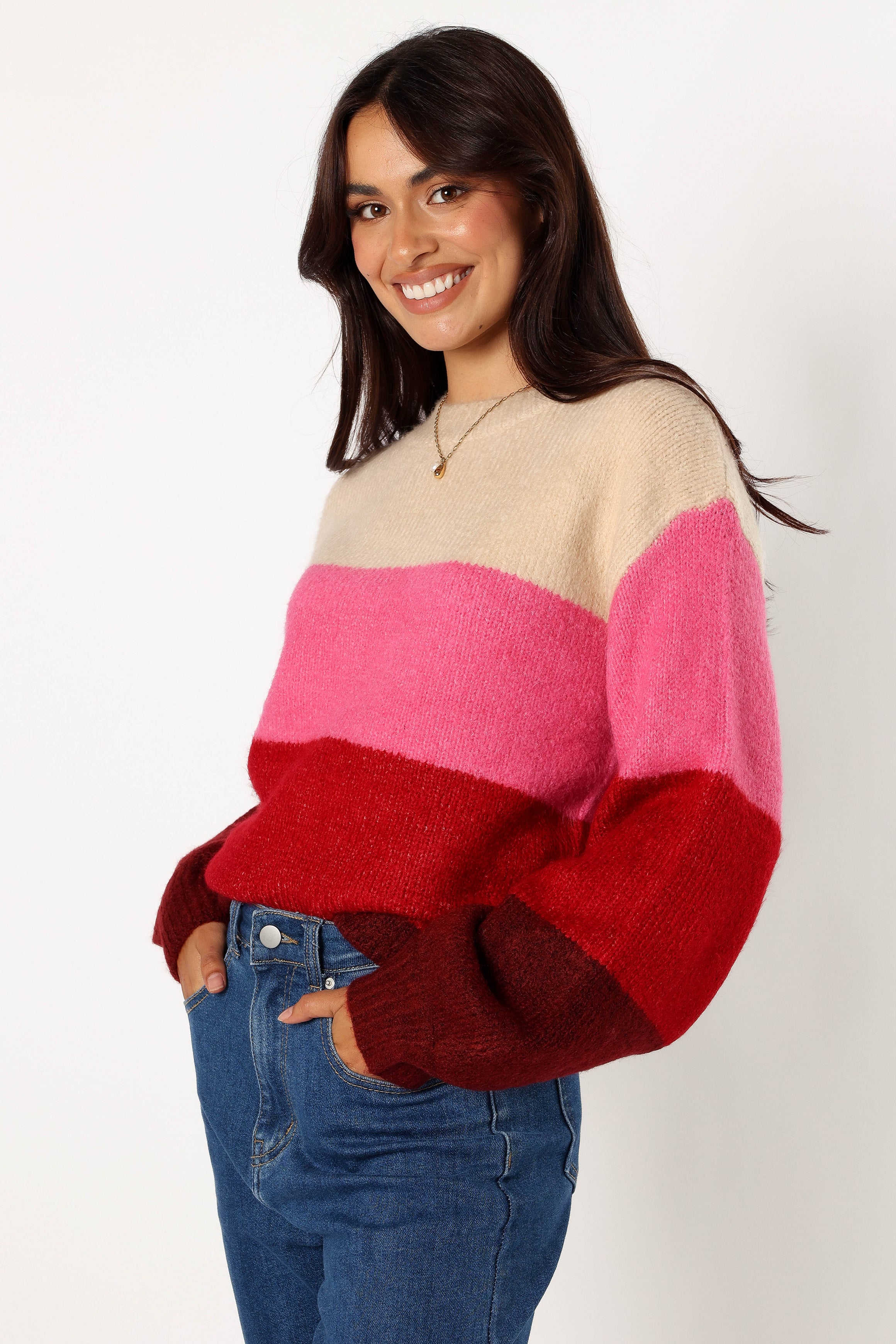 Berry Striped Knit Sweater for Women - Long Sleeve Crewneck Top