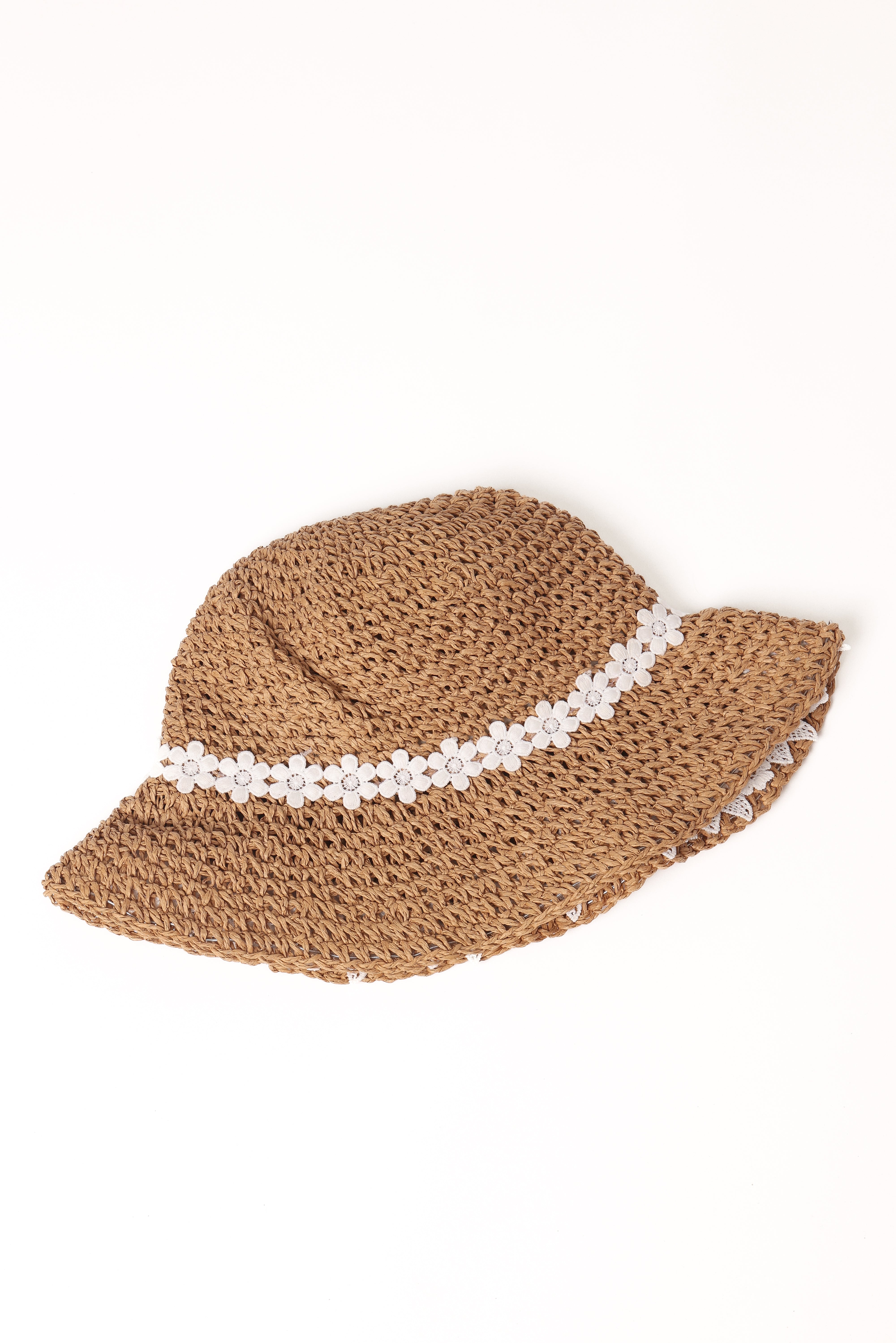 Tan Straw Bucket Hat with Floral Lace Trim - Cyrus Hat