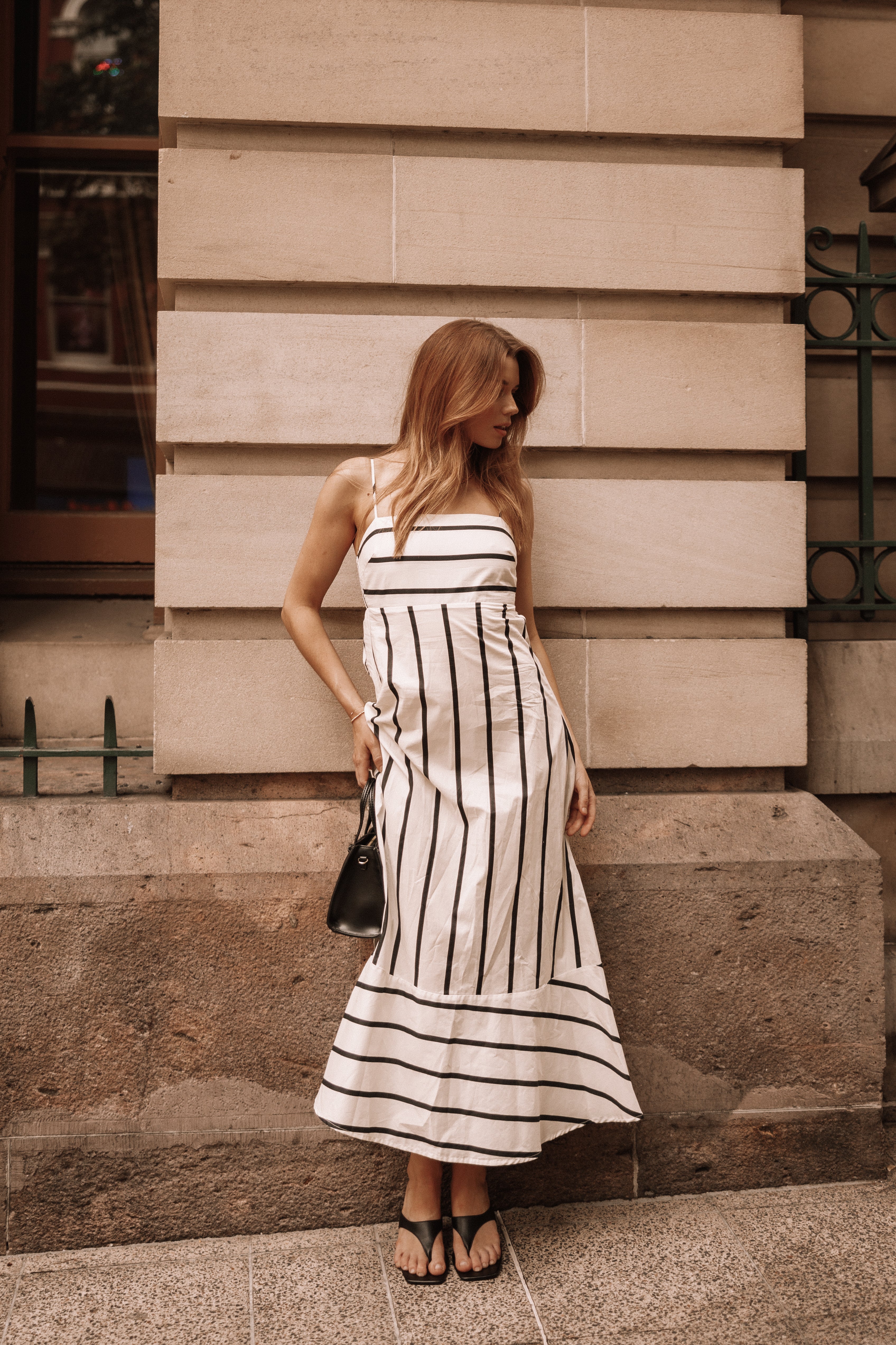 Cream Stripe Cotton Shantelle Midi Dress with Adjustable Straps