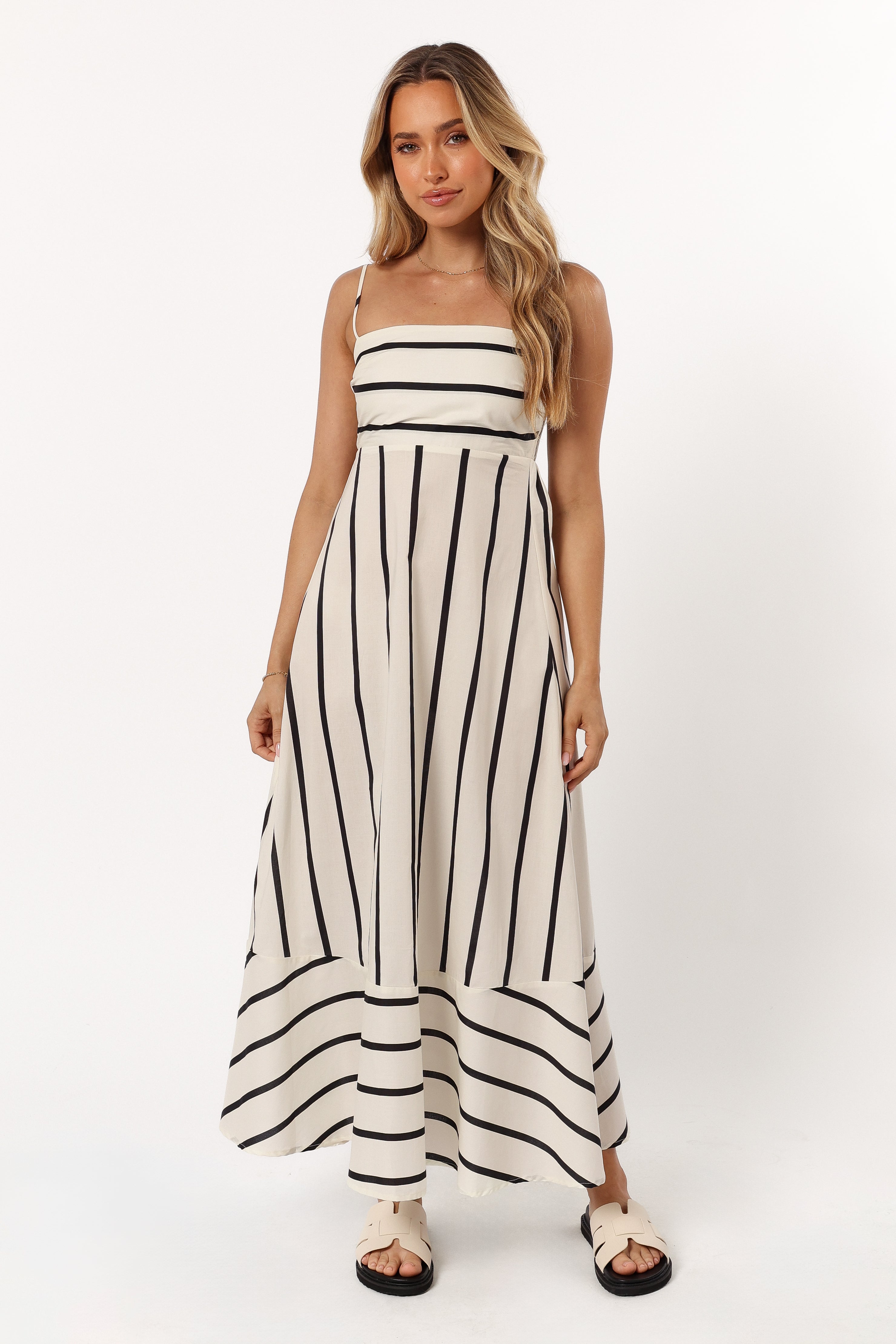 Cream Stripe Cotton Shantelle Midi Dress with Adjustable Straps
