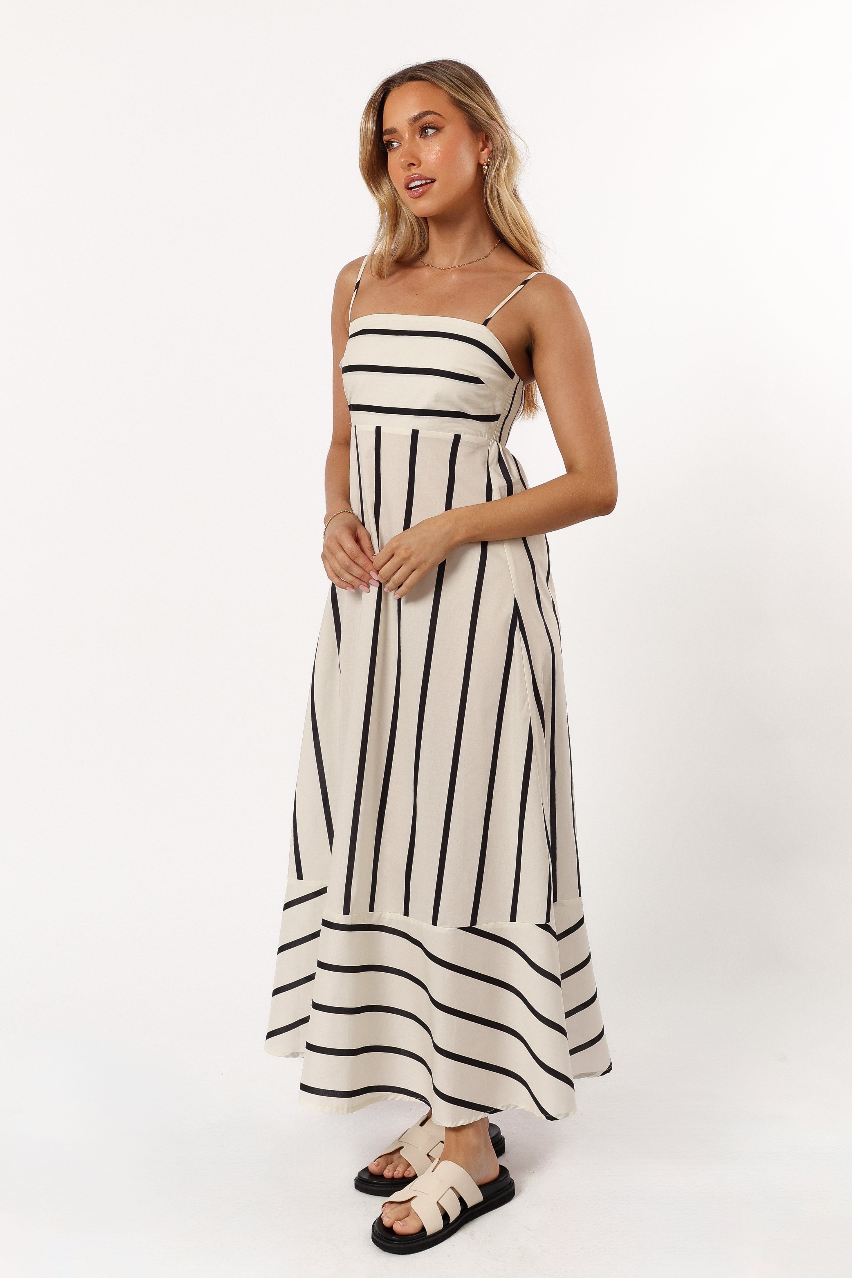 Cream Stripe Cotton Shantelle Midi Dress with Adjustable Straps