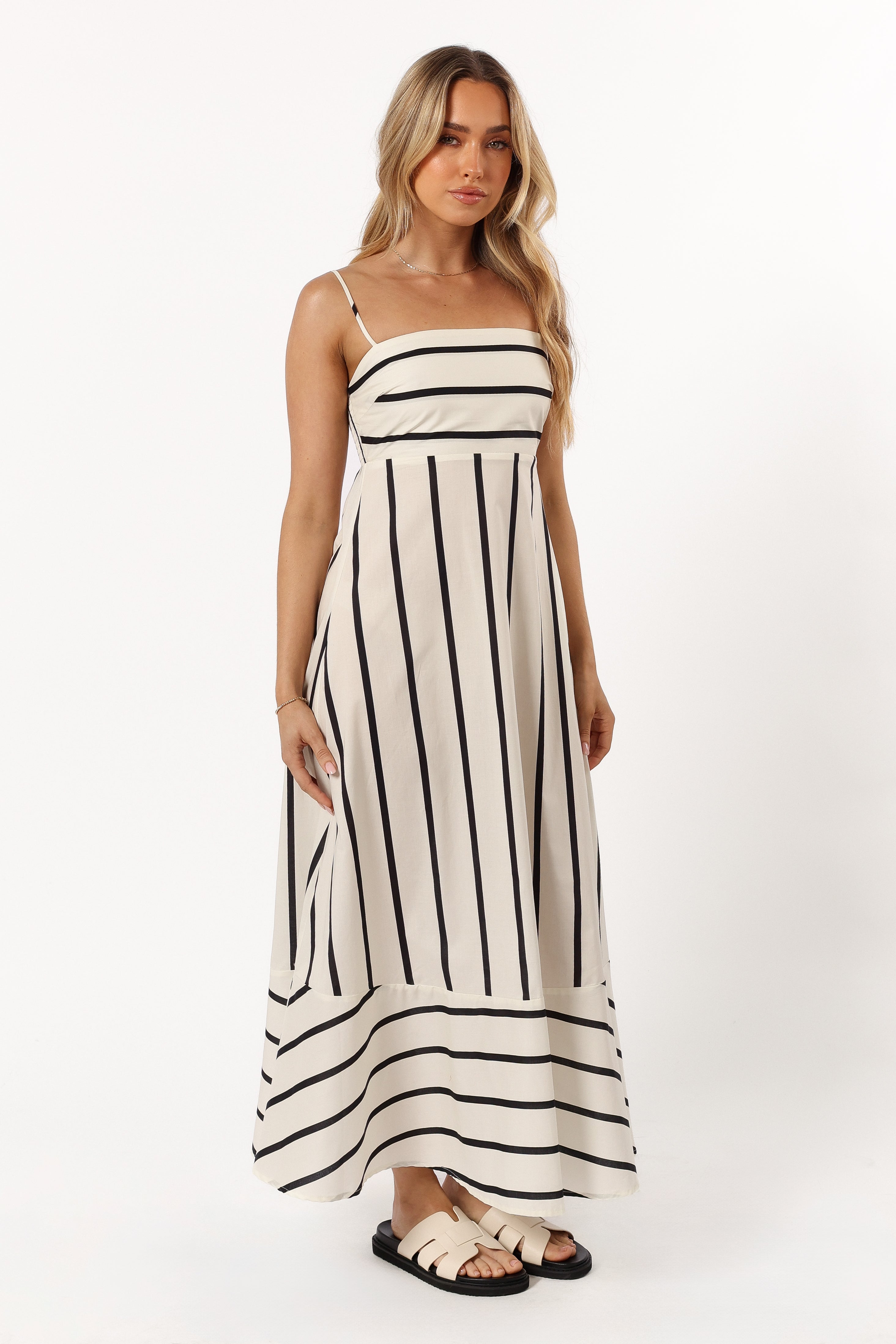 Cream Stripe Cotton Shantelle Midi Dress with Adjustable Straps