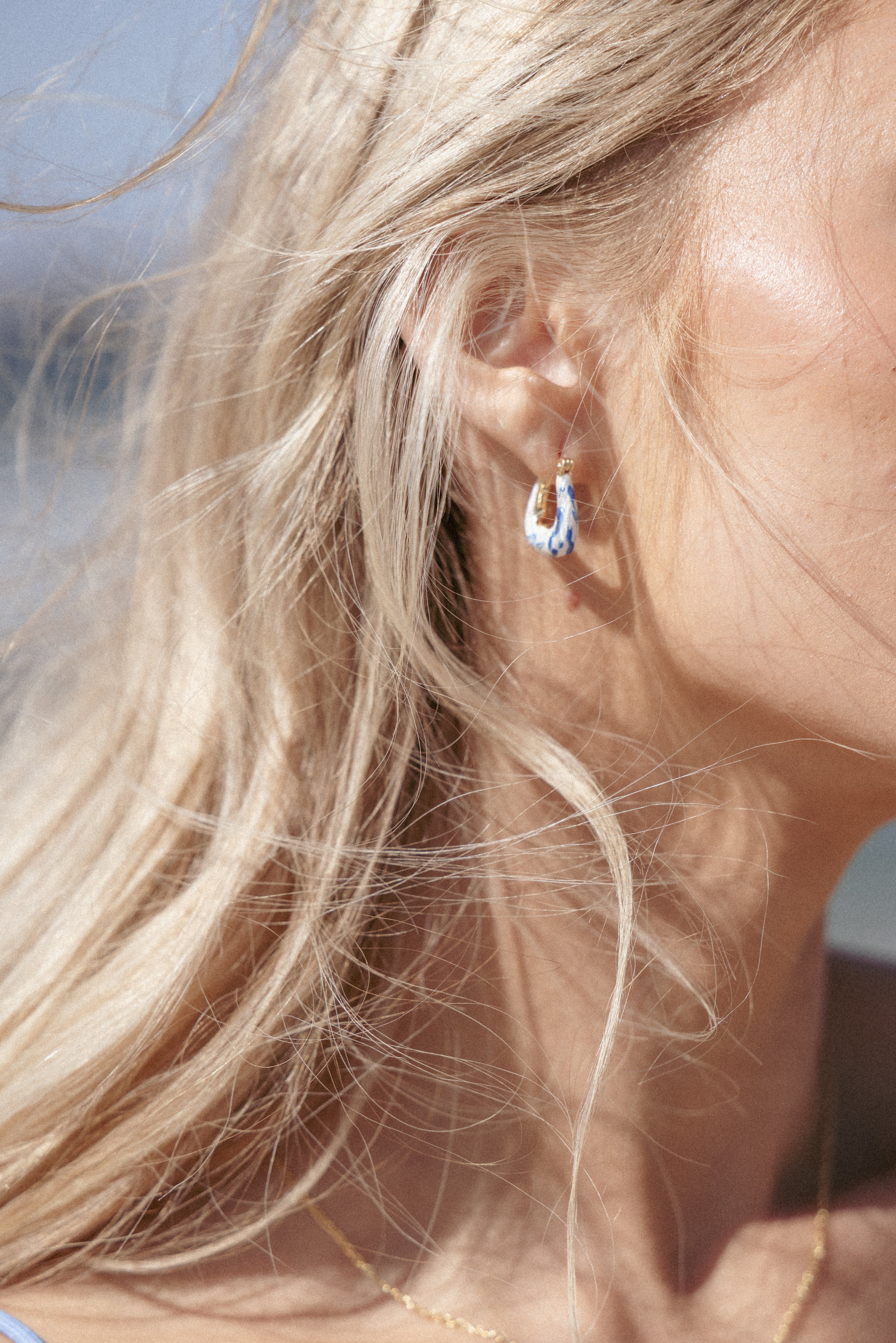 Blue Hoop Earrings with White Pattern - Riven Dangle Earrings
