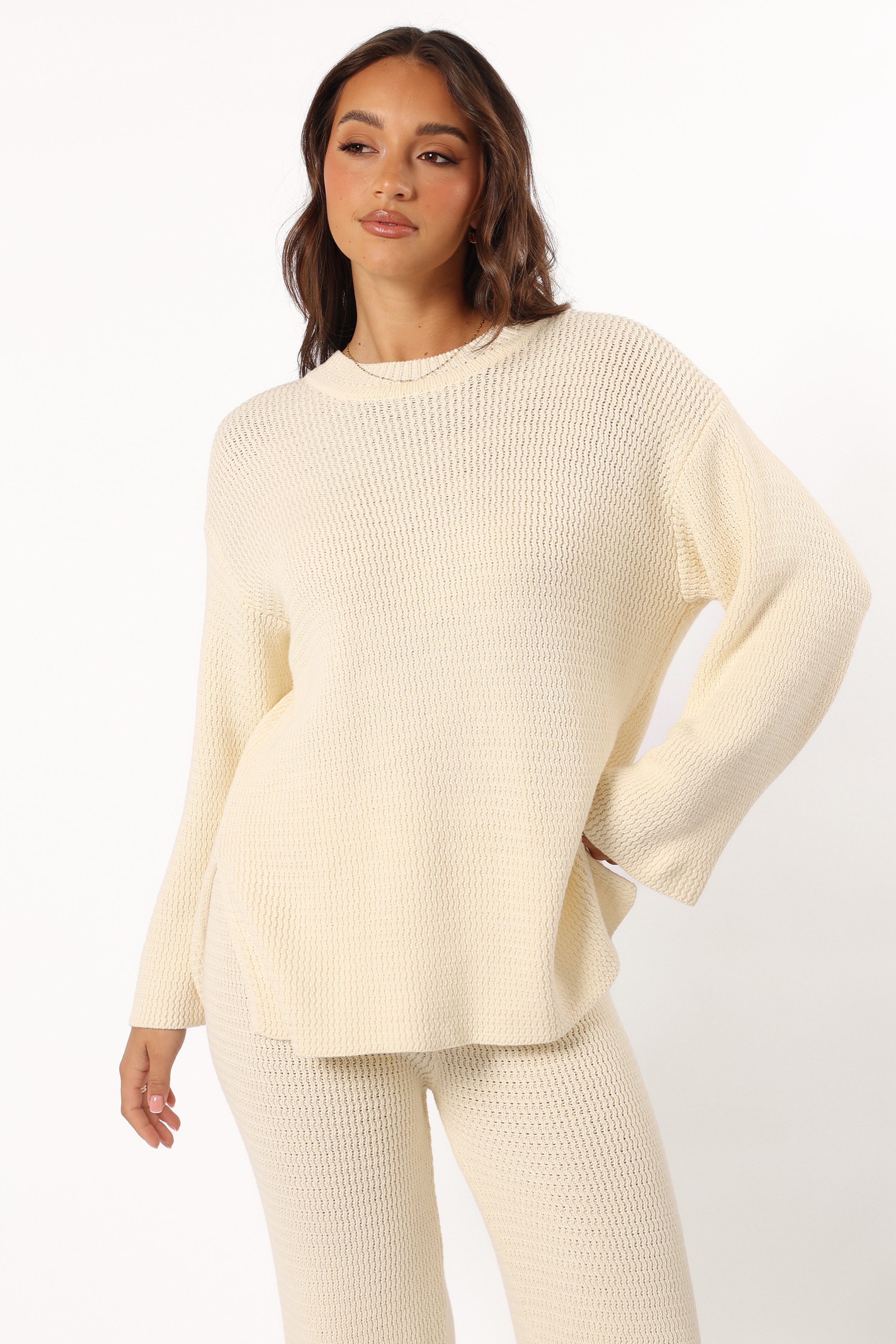 McKinley Cotton Knit Sweater - Cream Round Neck Mid Sleeve