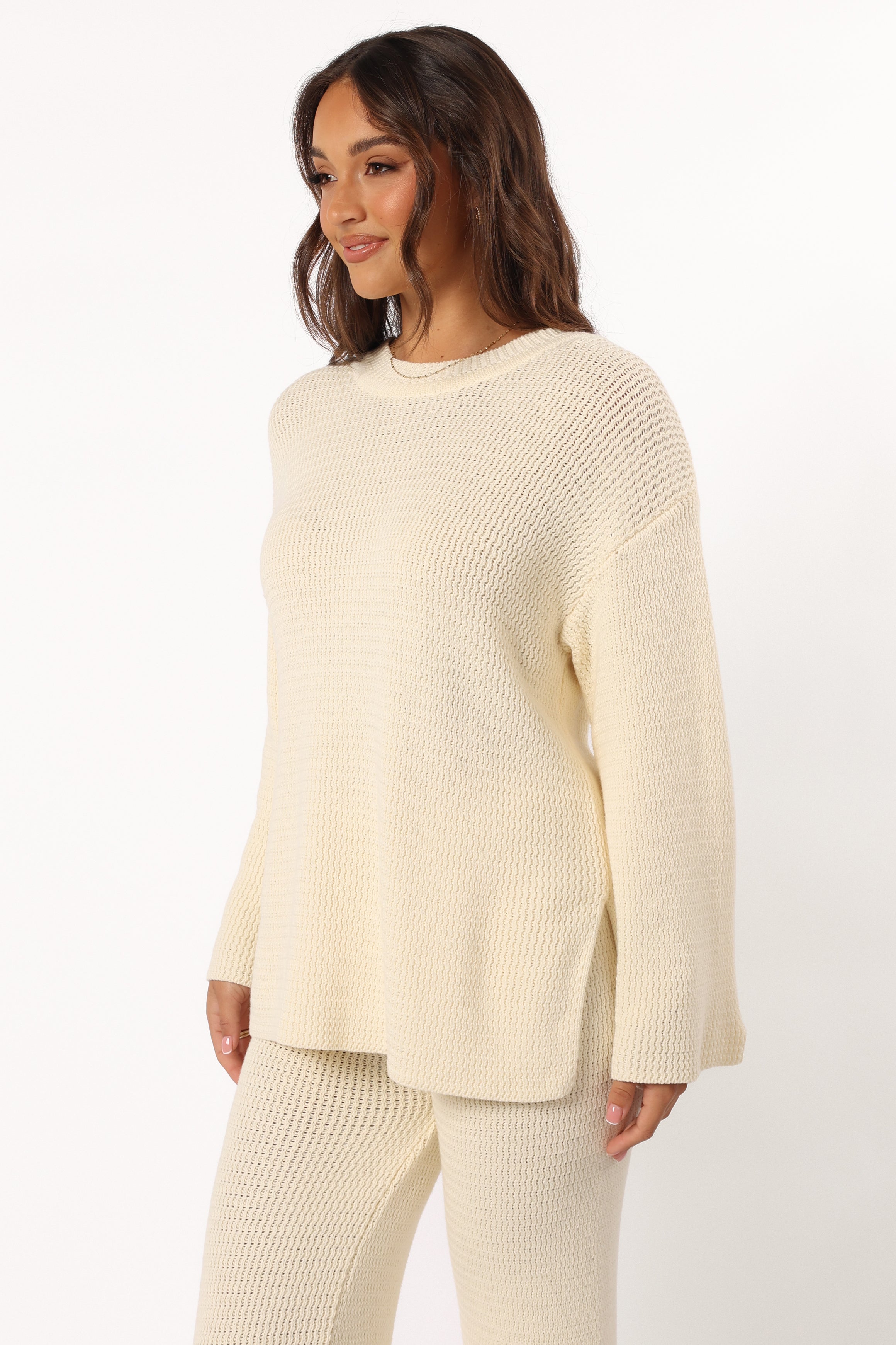 McKinley Cotton Knit Sweater - Cream Round Neck Mid Sleeve
